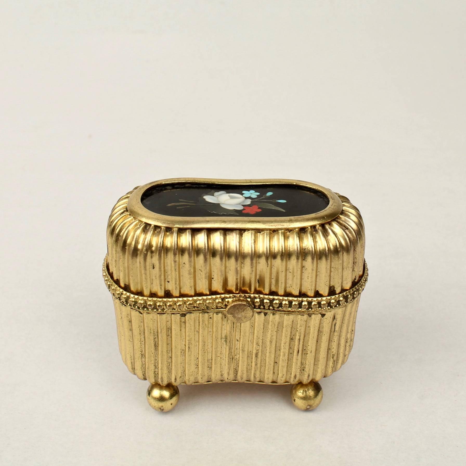 Belle Époque Small Victorian Gilt Metal Dresser or Ring Box with a Pietra Dura Plaque For Sale