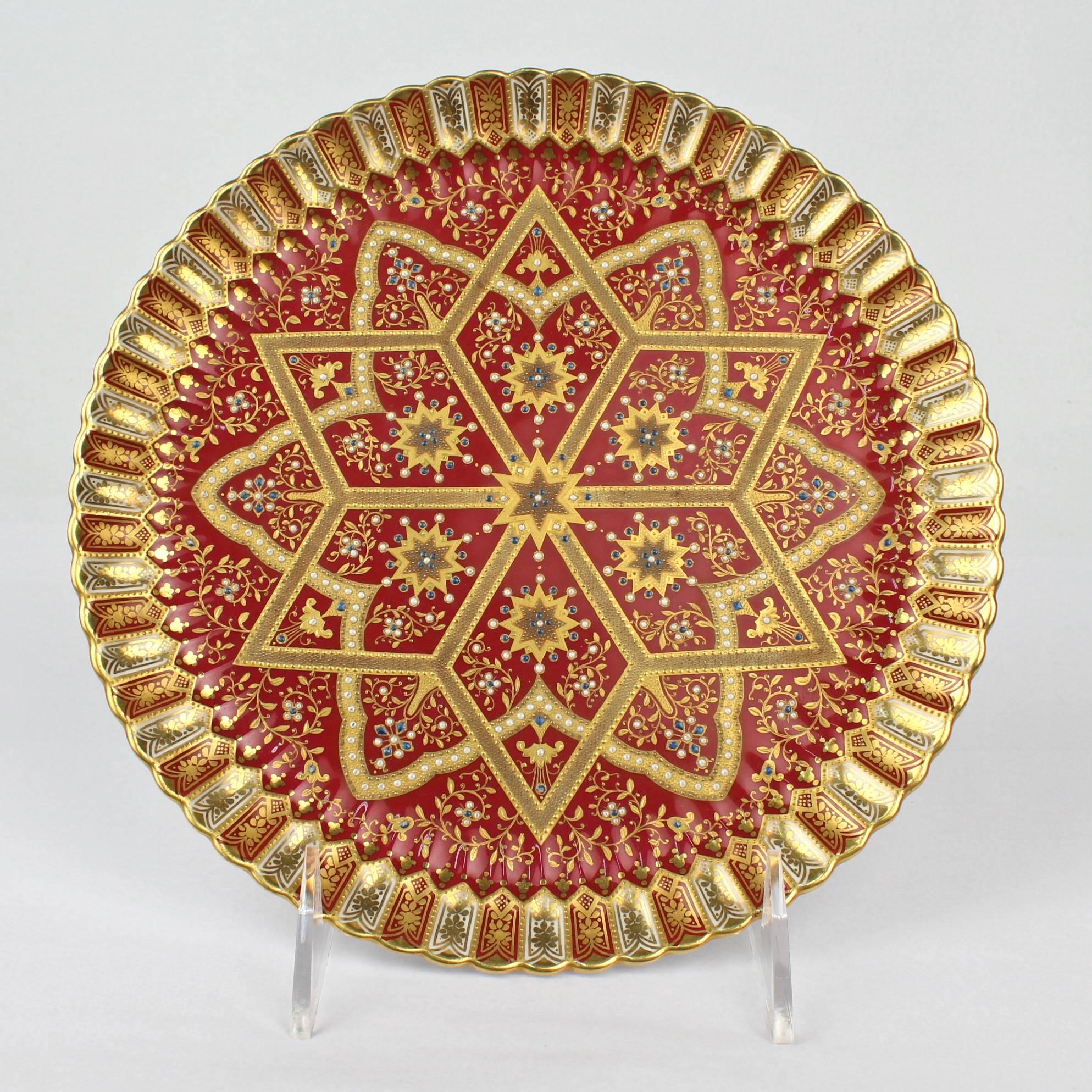 Aesthetic Movement Two Jeweled & Gilt Burgundy Ground Copeland Porcelain Orientalist Cabinet Plates