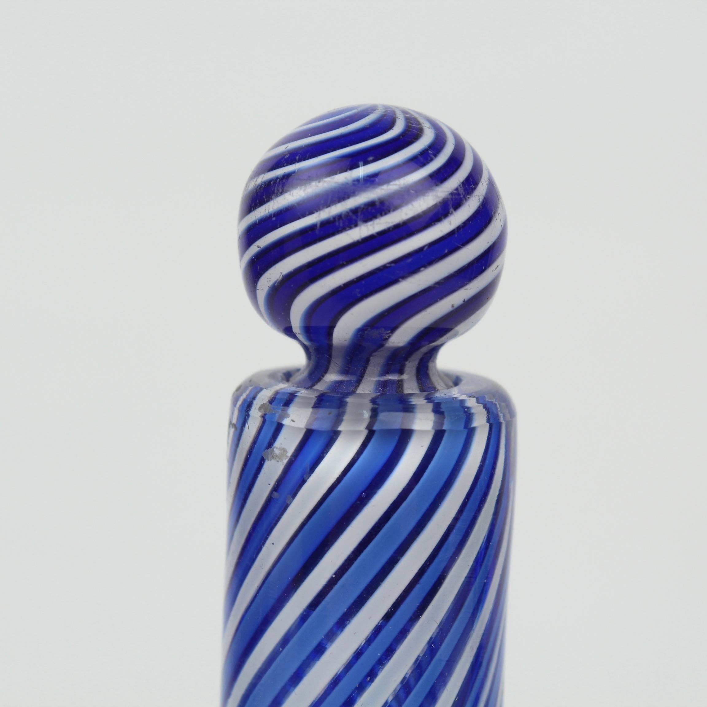 Blown Glass Antique Clichy Miniature Blue and White Swirl Glass Decanter