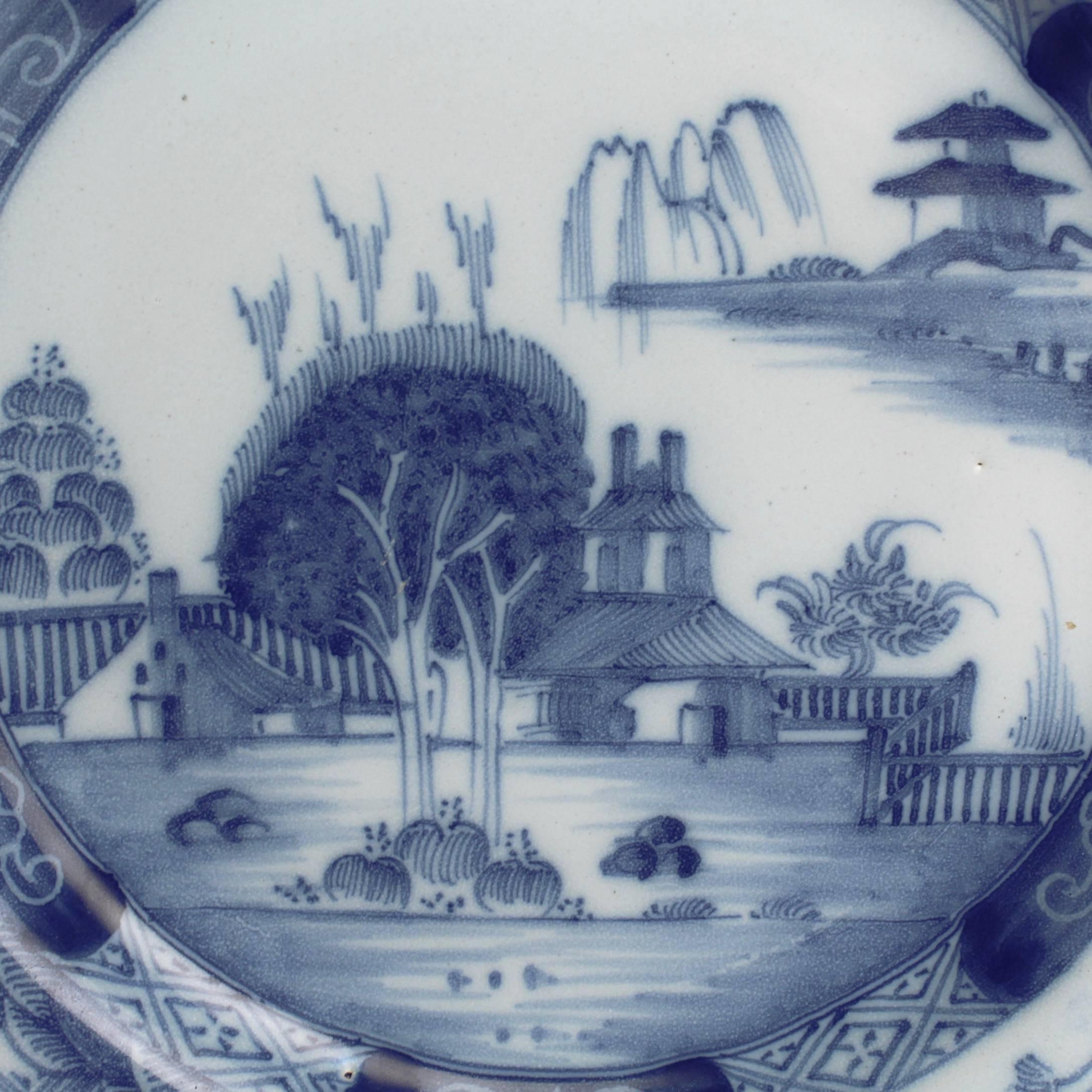 Rococo 18th Century Blue and White Dutch Delft Pottery Plate with Chinese Motif
