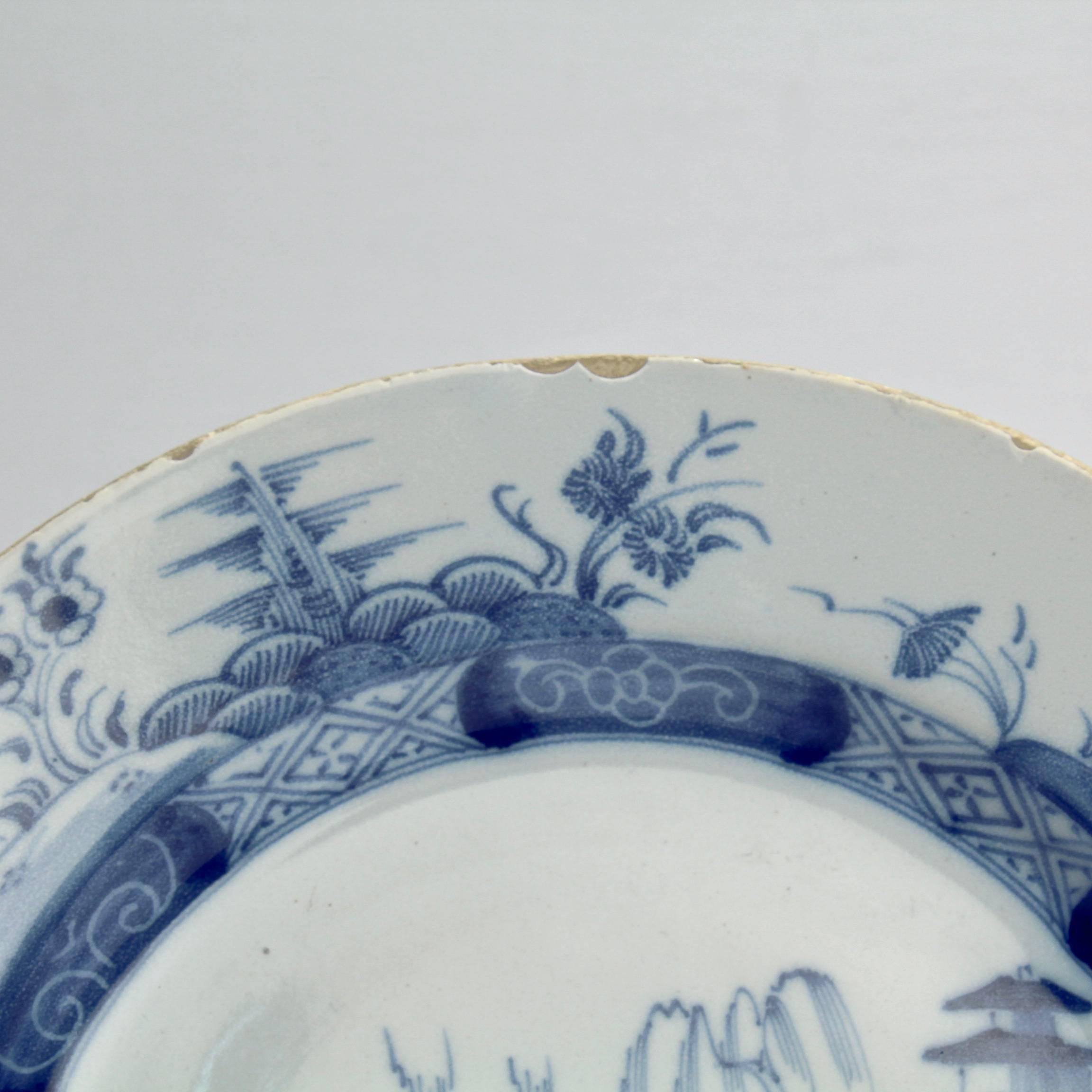 18th Century and Earlier 18th Century Blue and White Dutch Delft Pottery Plate with Chinese Motif