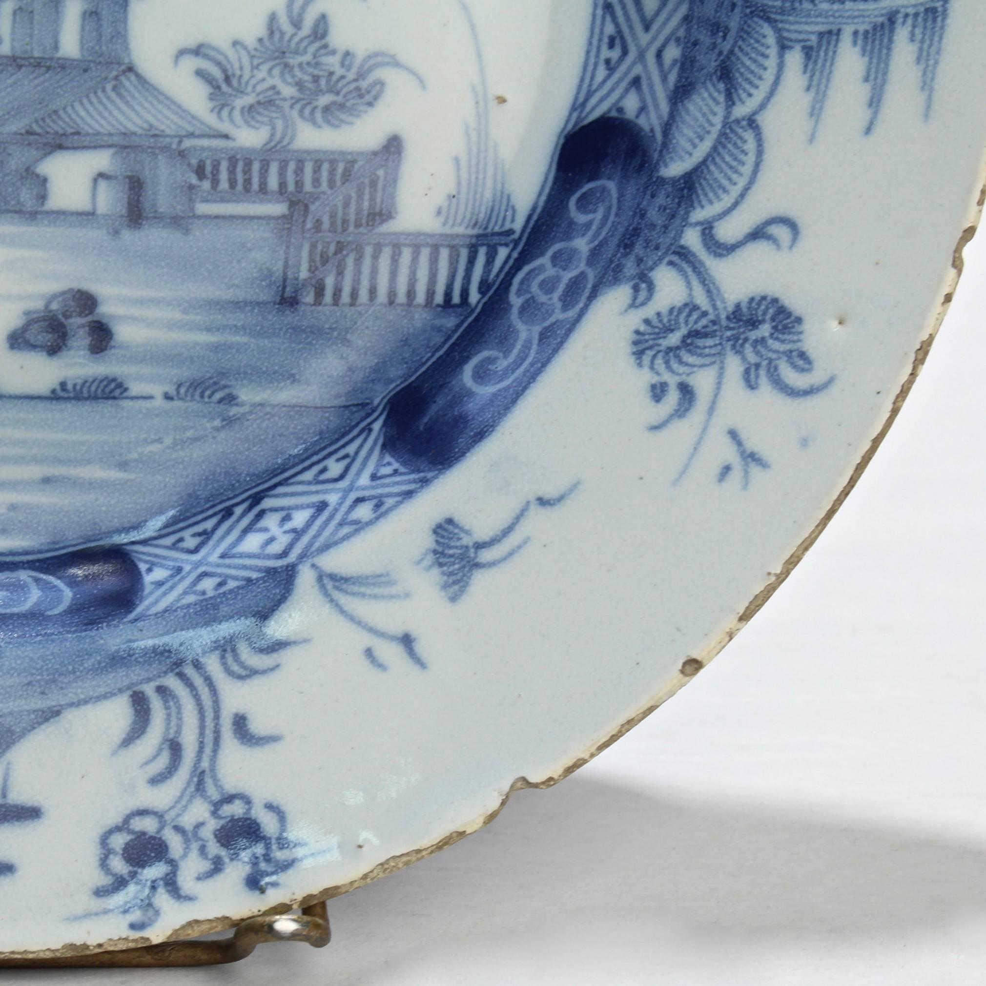 18th Century Blue and White Dutch Delft Pottery Plate with Chinese Motif 1