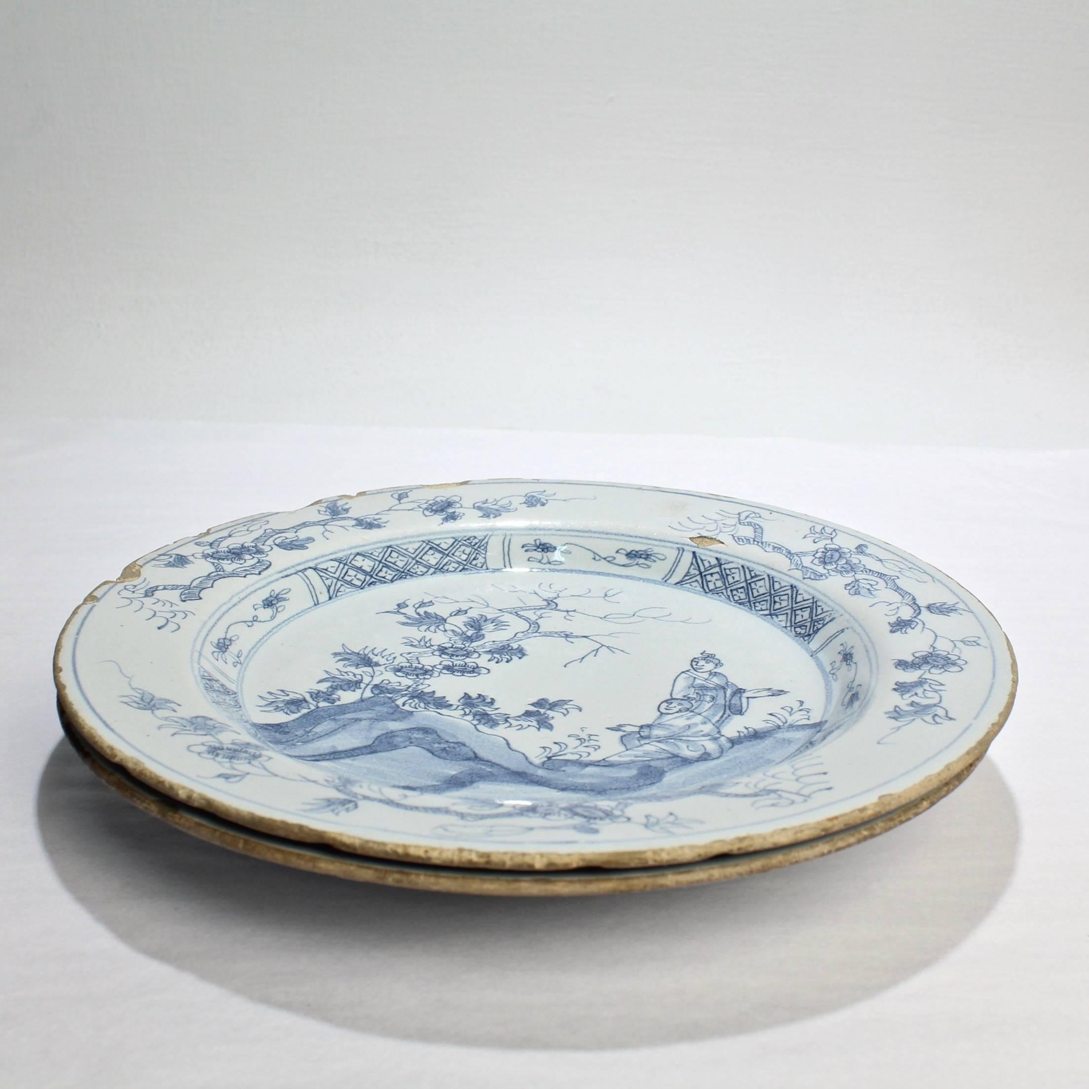 18th Century and Earlier Pair of 18th Century Blue and White English Delft Plates