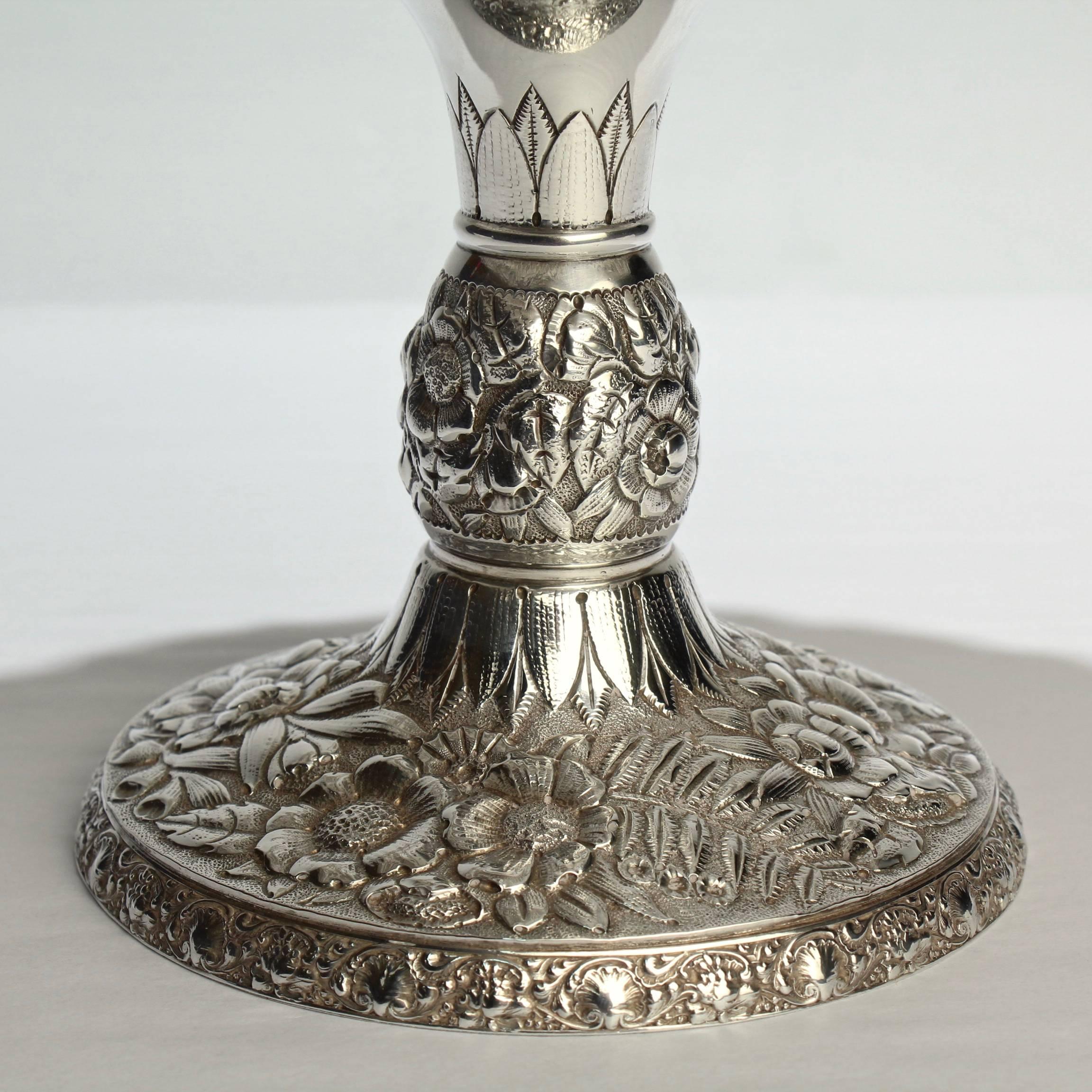 American Antique Tiffany & Co Floral Repousse Sterling Silver Tazza or Cake Stand