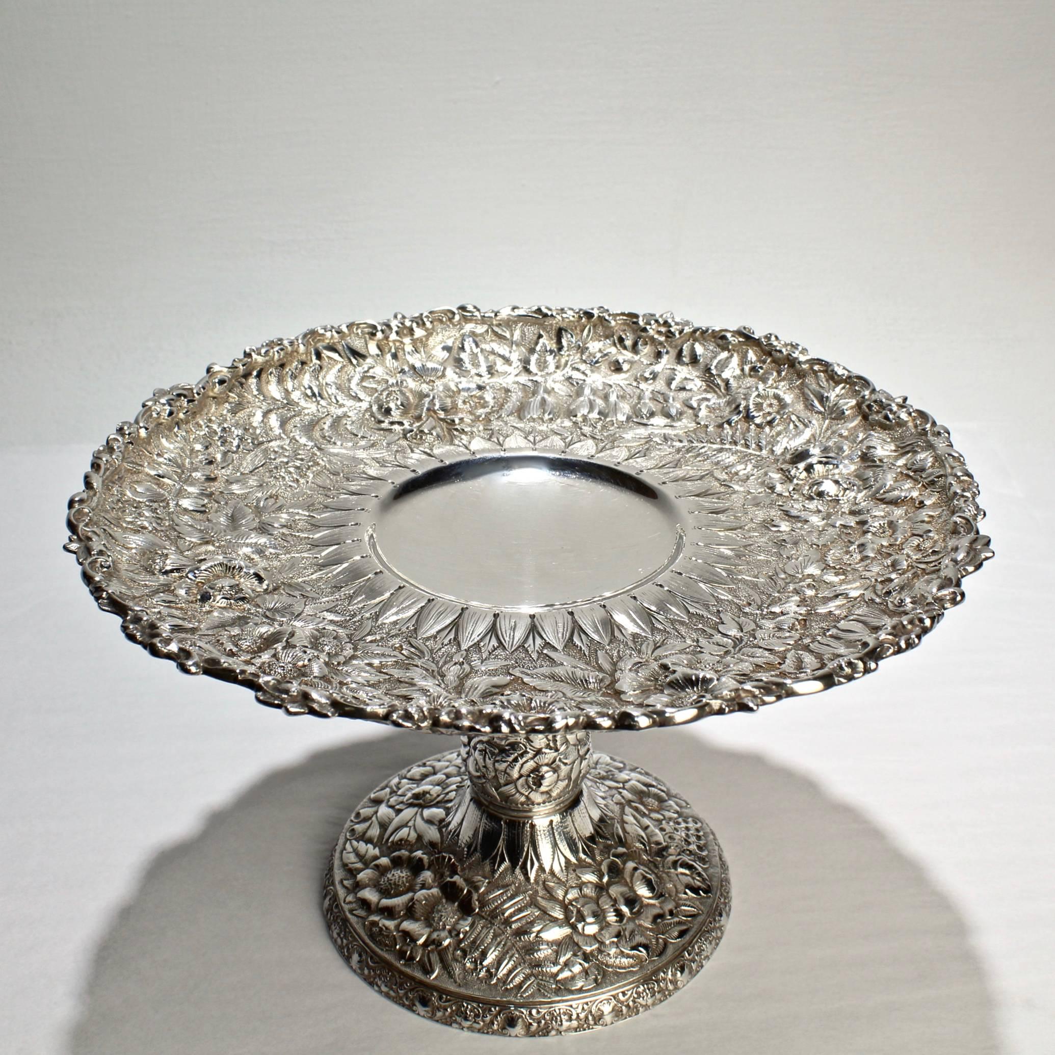 Antique Tiffany & Co Floral Repousse Sterling Silver Tazza or Cake Stand In Good Condition In Philadelphia, PA