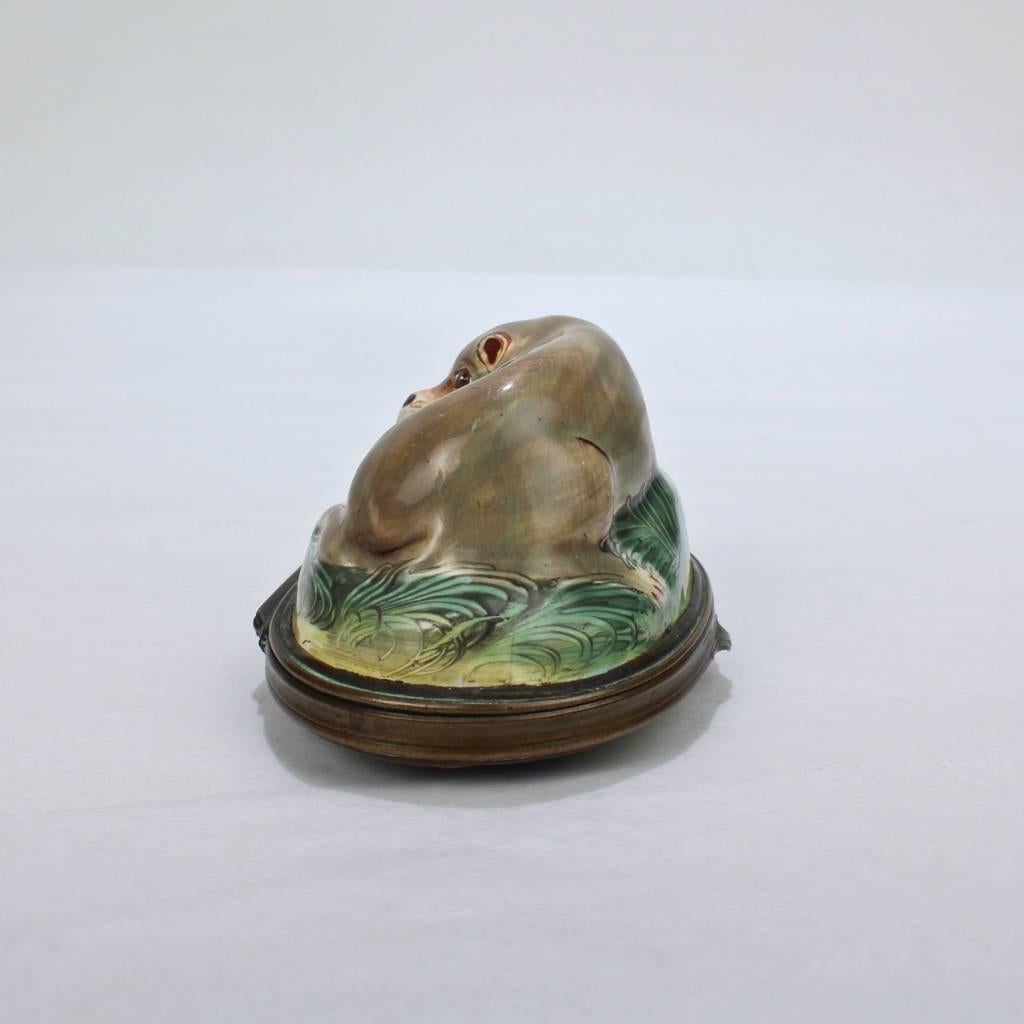 Antique Battersea Bilston Enamel Snuff Box with a Recumbent Pug Dog Lid In Good Condition In Philadelphia, PA