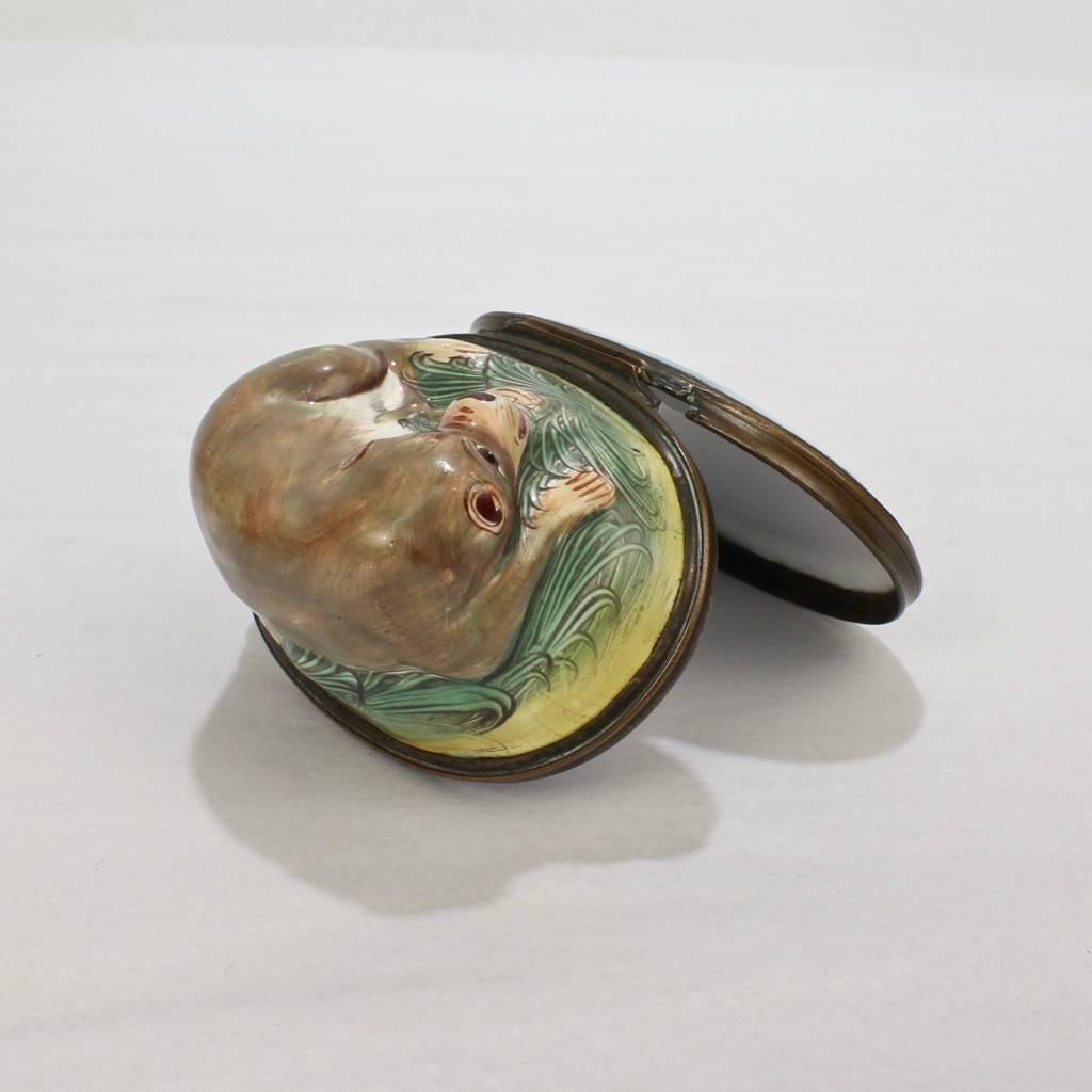 Antique Battersea Bilston Enamel Snuff Box with a Recumbent Pug Dog Lid 2