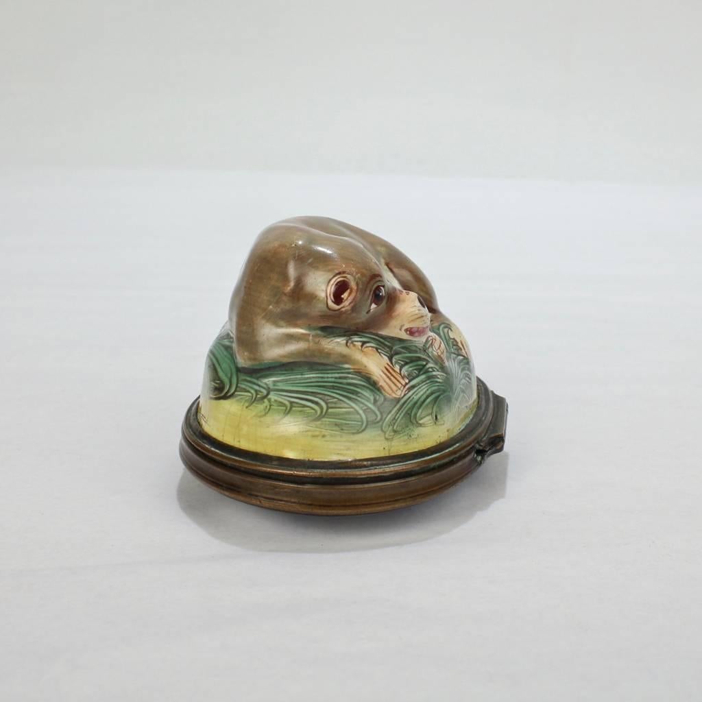 George III Antique Battersea Bilston Enamel Snuff Box with a Recumbent Pug Dog Lid