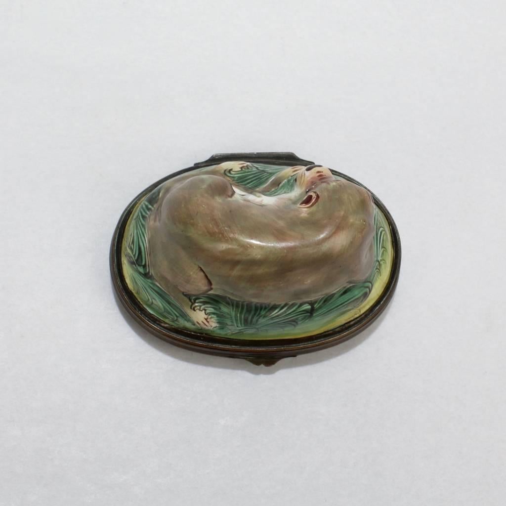 18th Century and Earlier Antique Battersea Bilston Enamel Snuff Box with a Recumbent Pug Dog Lid