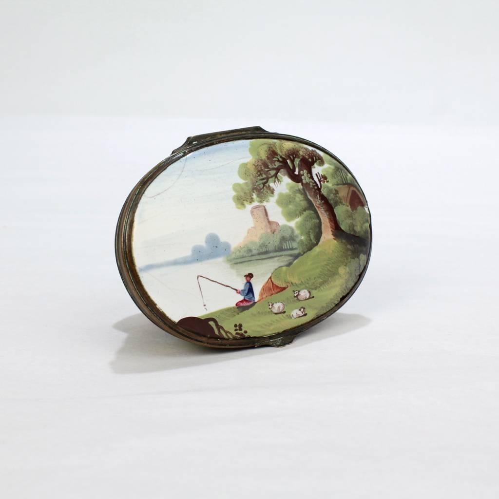 Antique Battersea Bilston Enamel Snuff Box with a Recumbent Pug Dog Lid 1
