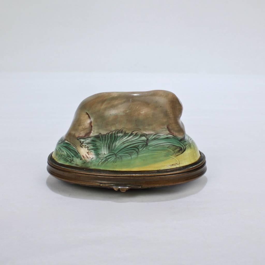 English Antique Battersea Bilston Enamel Snuff Box with a Recumbent Pug Dog Lid