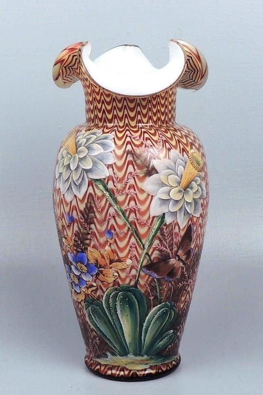 English Victorian Art Glass Vase with Enameled Flowers by Stevens and Williams For Sale at