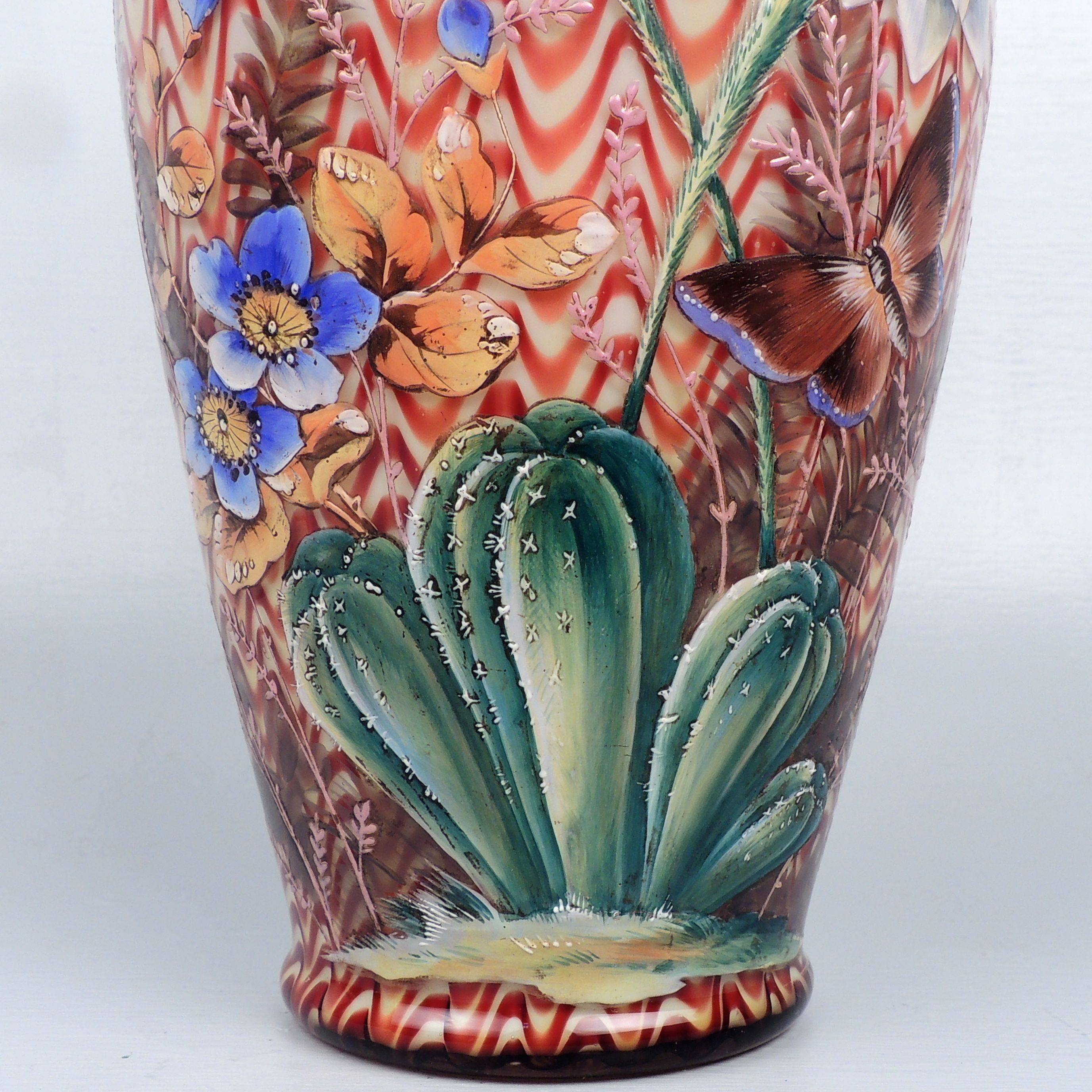 Blown Glass English Victorian Art Glass Vase with Enameled Flowers by Stevens & Williams