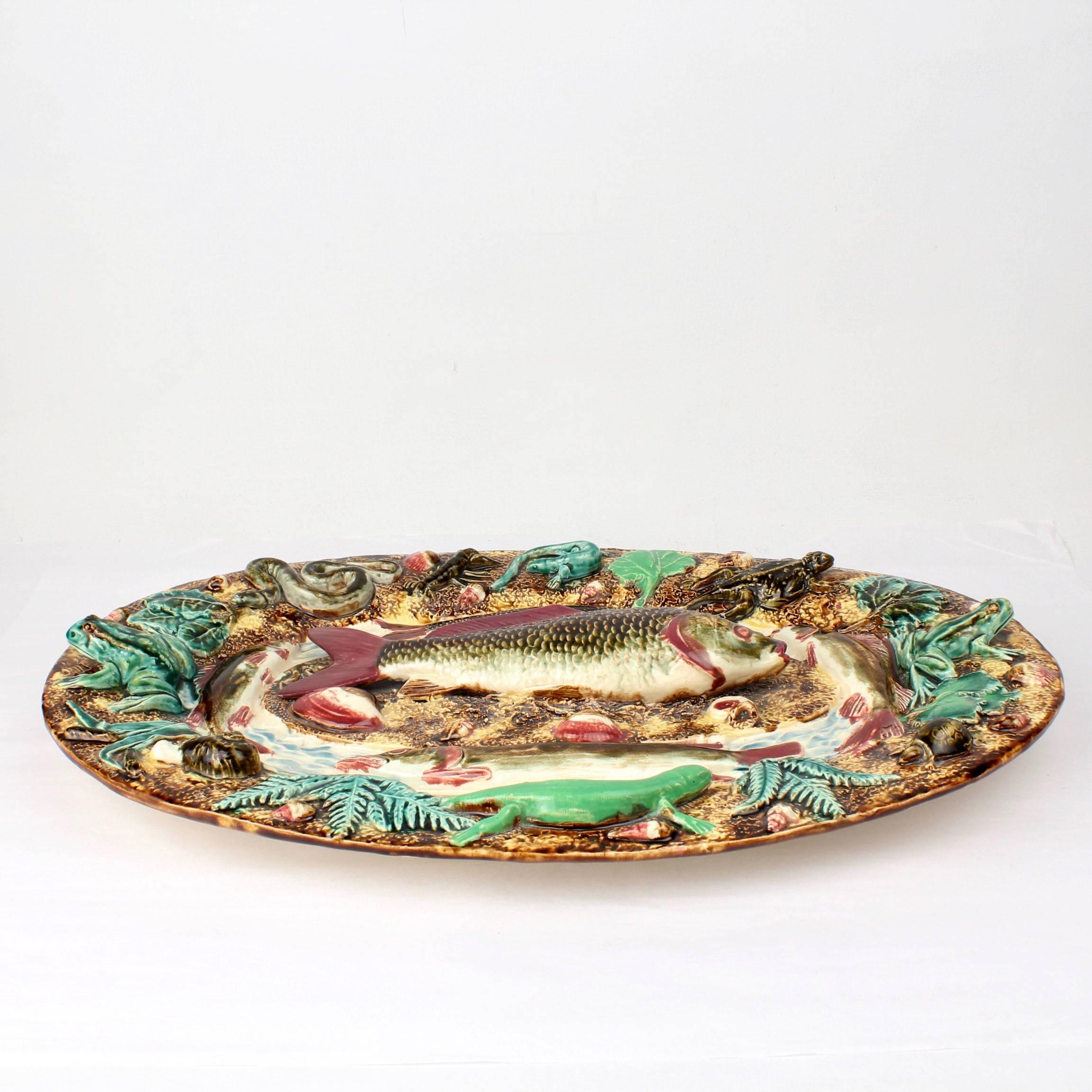 Pottery Antique French Palissy Majolica Fish Tray or Charger