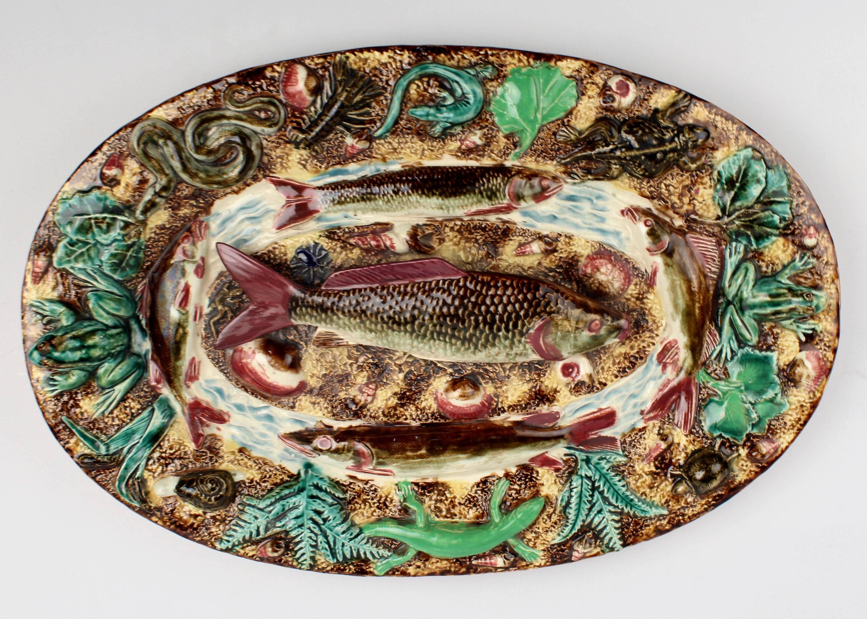 A 19th century French Majolica Palissy tray replete with amphibian and aquatic life.

A large fish rests at the center of the tray and is surrounded by salamanders, frogs, snails and water plants in burgundies, browns and greens.

Width: ca. 20