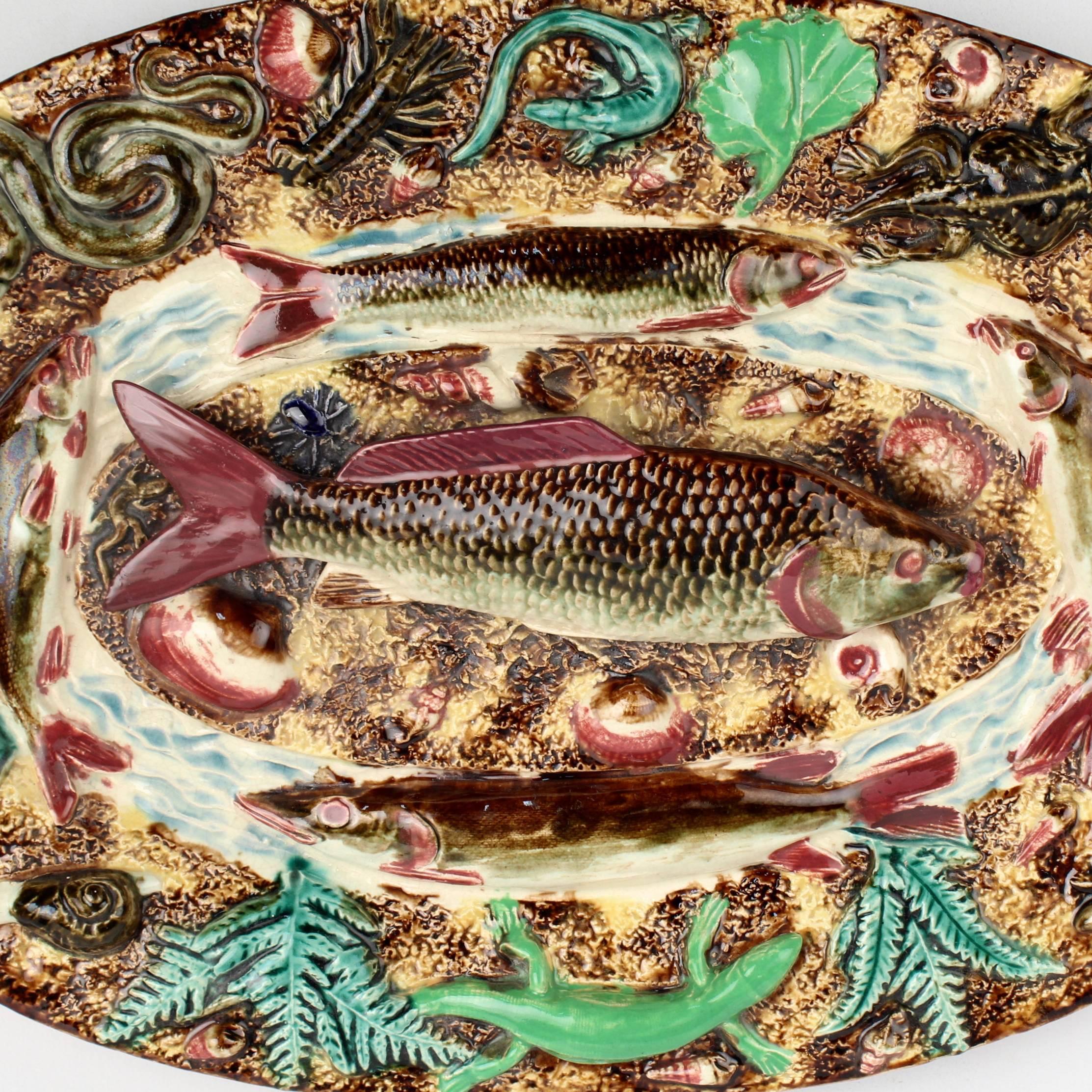 Glazed Antique French Palissy Majolica Fish Tray or Charger