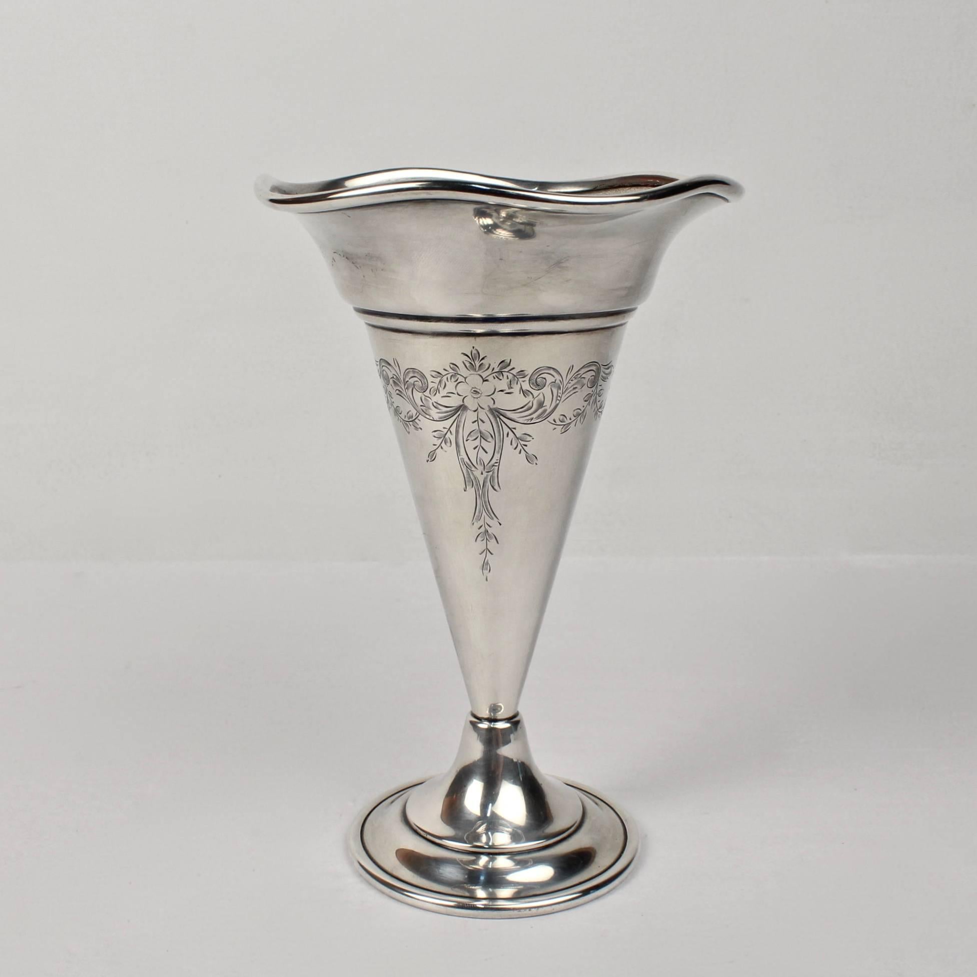 Engraved Antique American Sterling Silver Trumpet Form Flower Vase by G. Henckel & Co