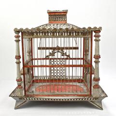 19th Century Painted Tole and Wood Bird Cage with Old Paint