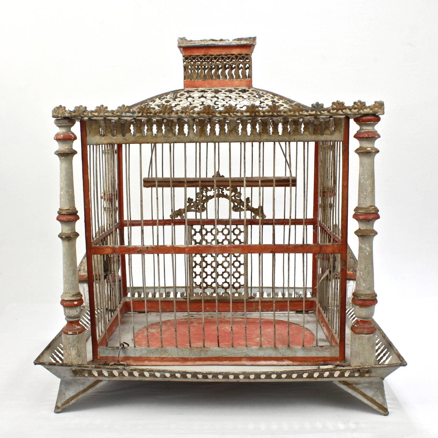 19th Century Painted Tole and Wood Bird Cage with Old Paint at 1stdibs