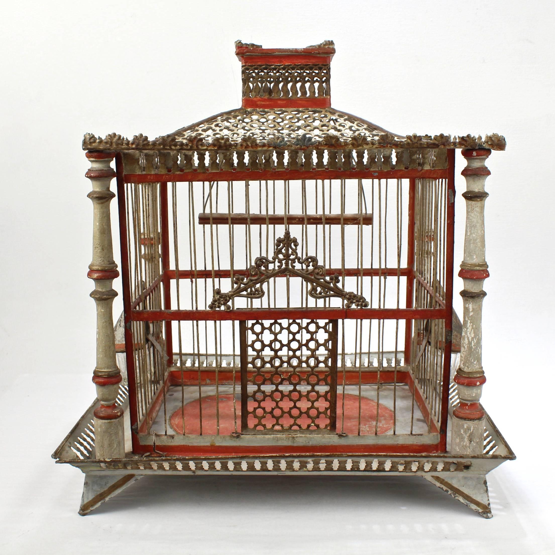American 19th Century Painted Tole and Wood Bird Cage with Old Paint