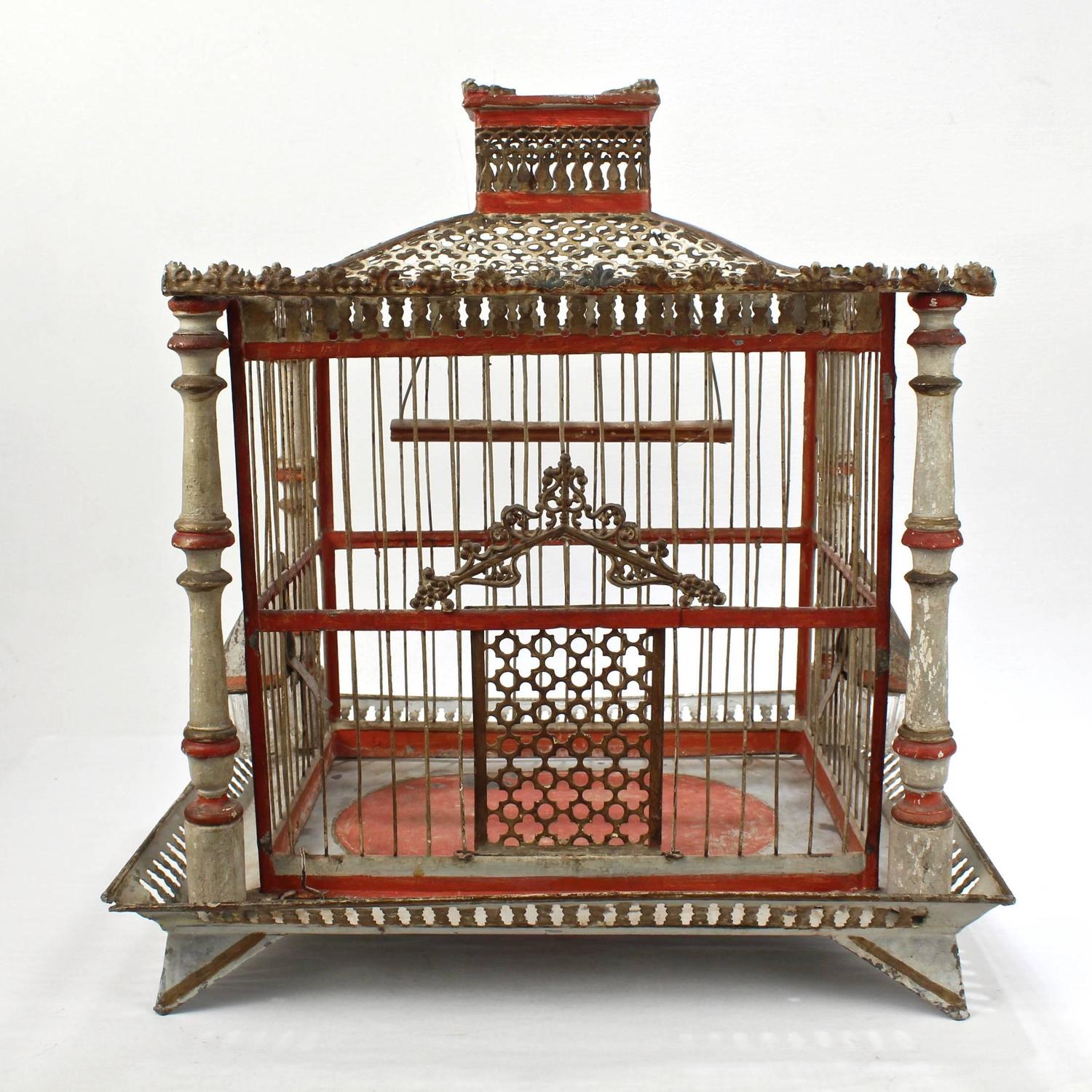 19th Century Painted Tole and Wood Bird Cage with Old Paint at 1stdibs