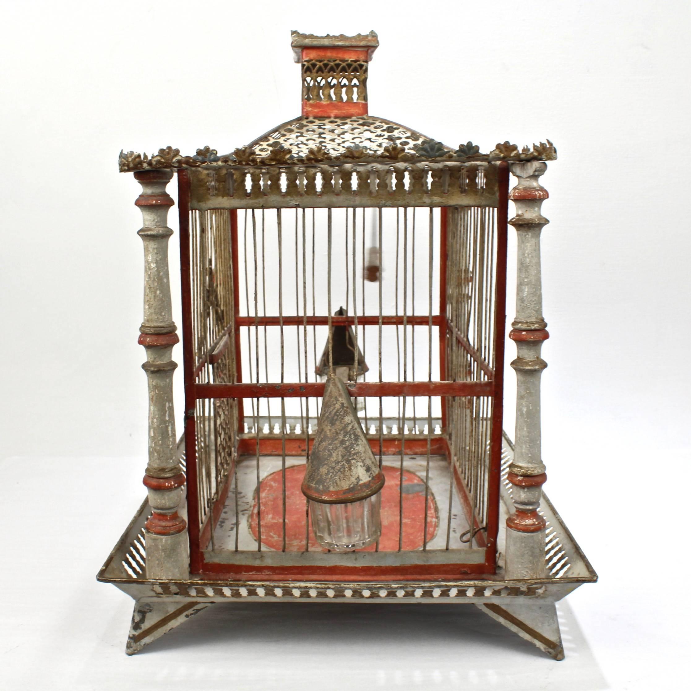 High Victorian 19th Century Painted Tole and Wood Bird Cage with Old Paint