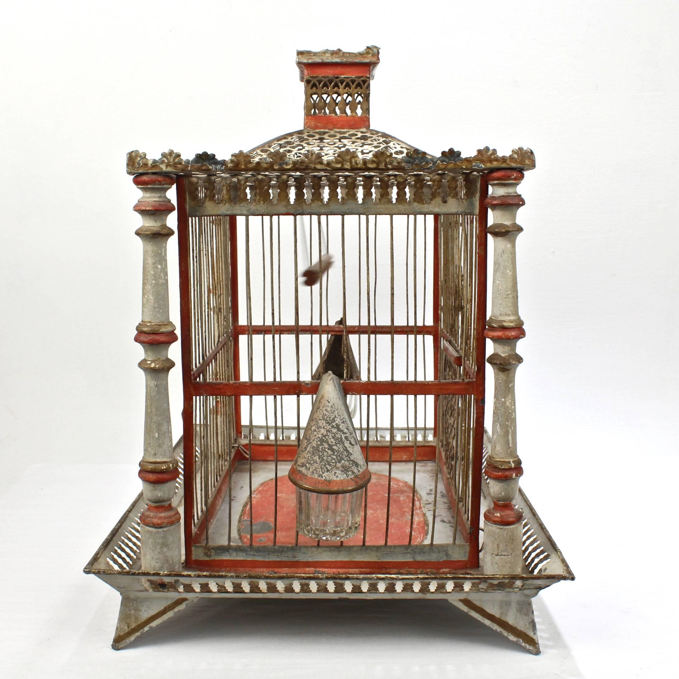 19th Century Painted Tole and Wood Bird Cage with Old Paint In Good Condition In Philadelphia, PA