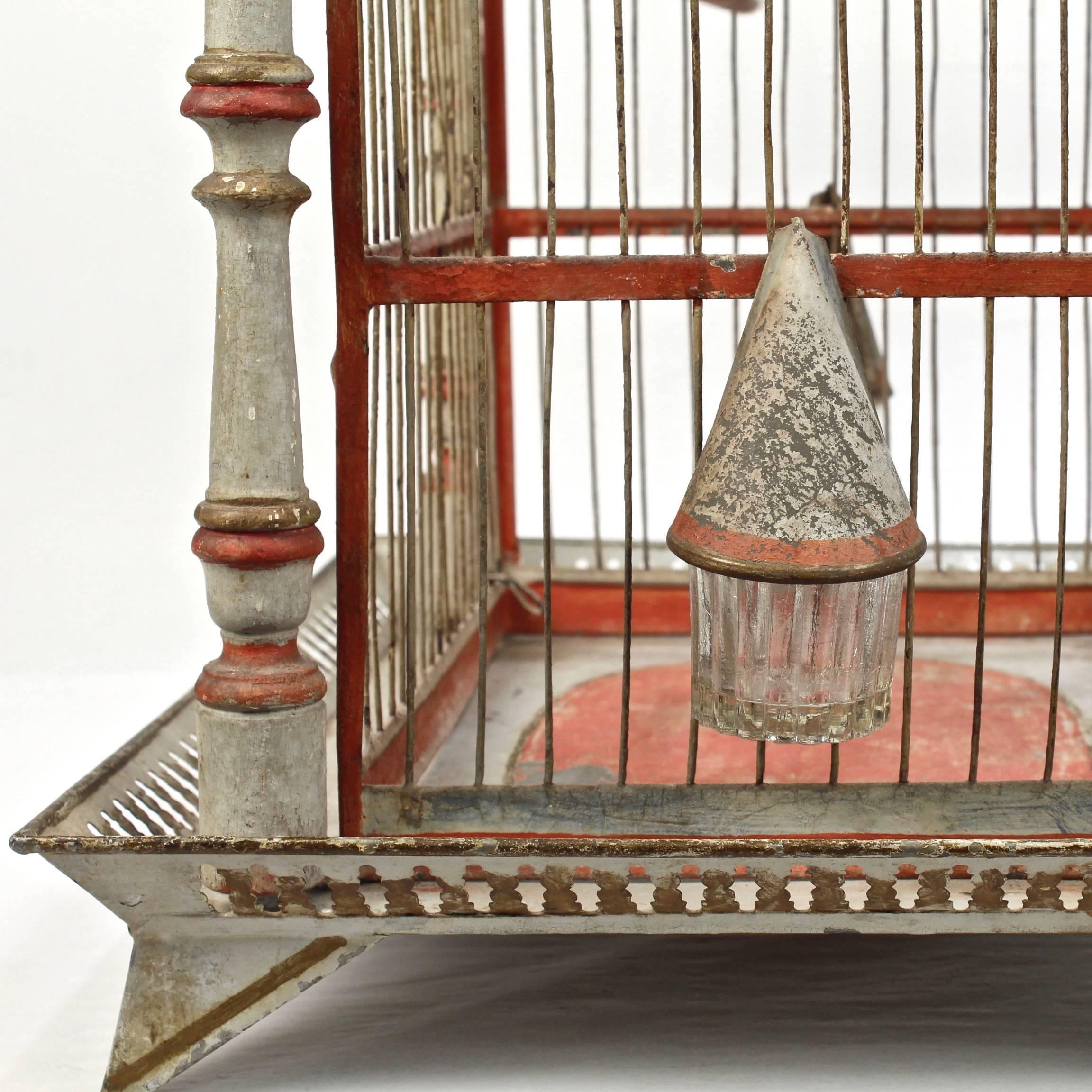19th Century Painted Tole and Wood Bird Cage with Old Paint 2