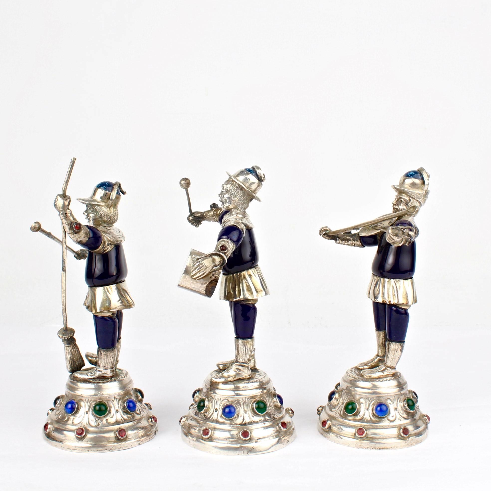 Belle Époque Three 19th Century Jeweled & Enameled German Coin Silver Musician Figurines For Sale