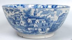 19th Century English Staffordshire Medium Blue Transfer Punch Bowl