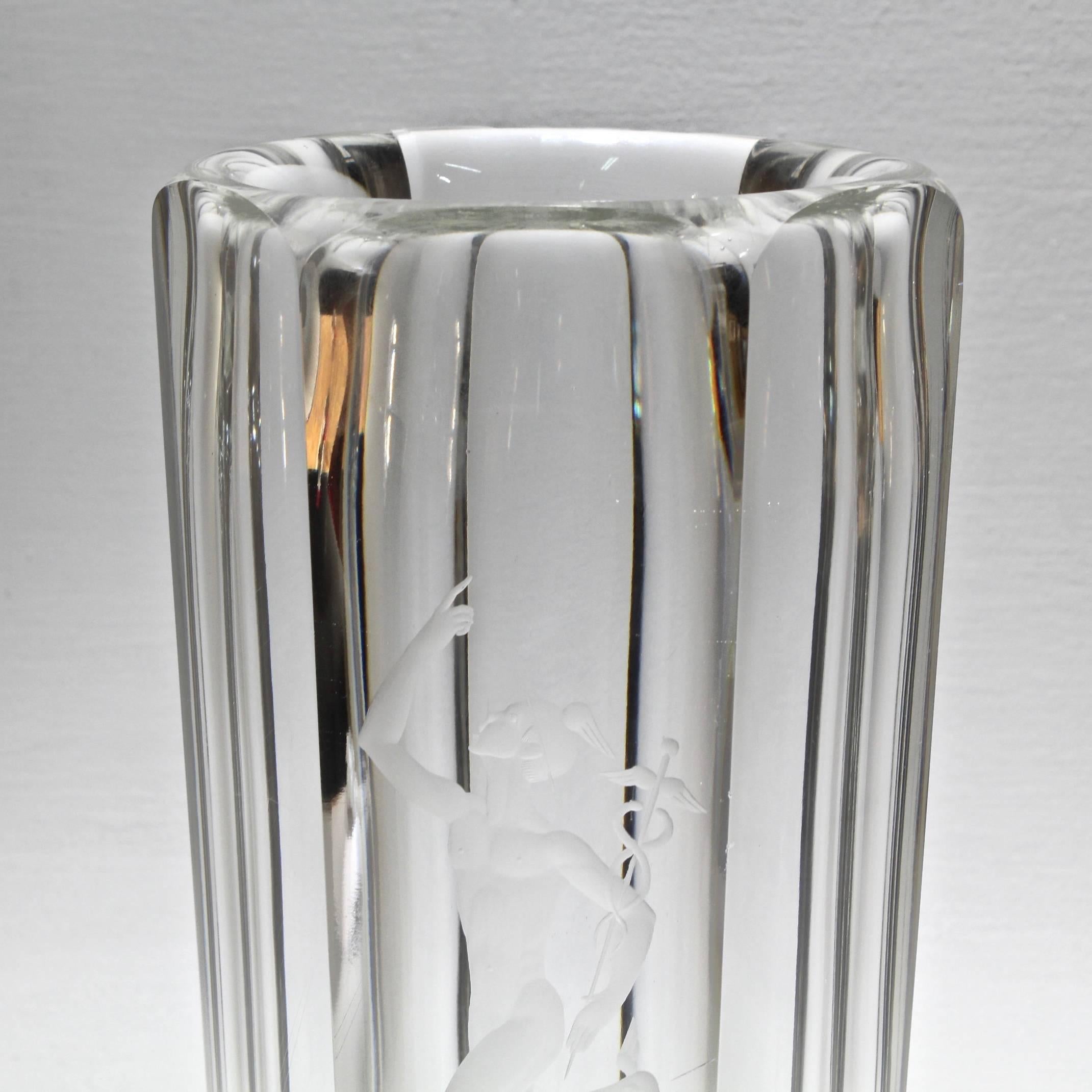 Swedish Large Faceted Art Deco Vase with Engraved Mercury by Elis Bergh for Kosta Boda For Sale
