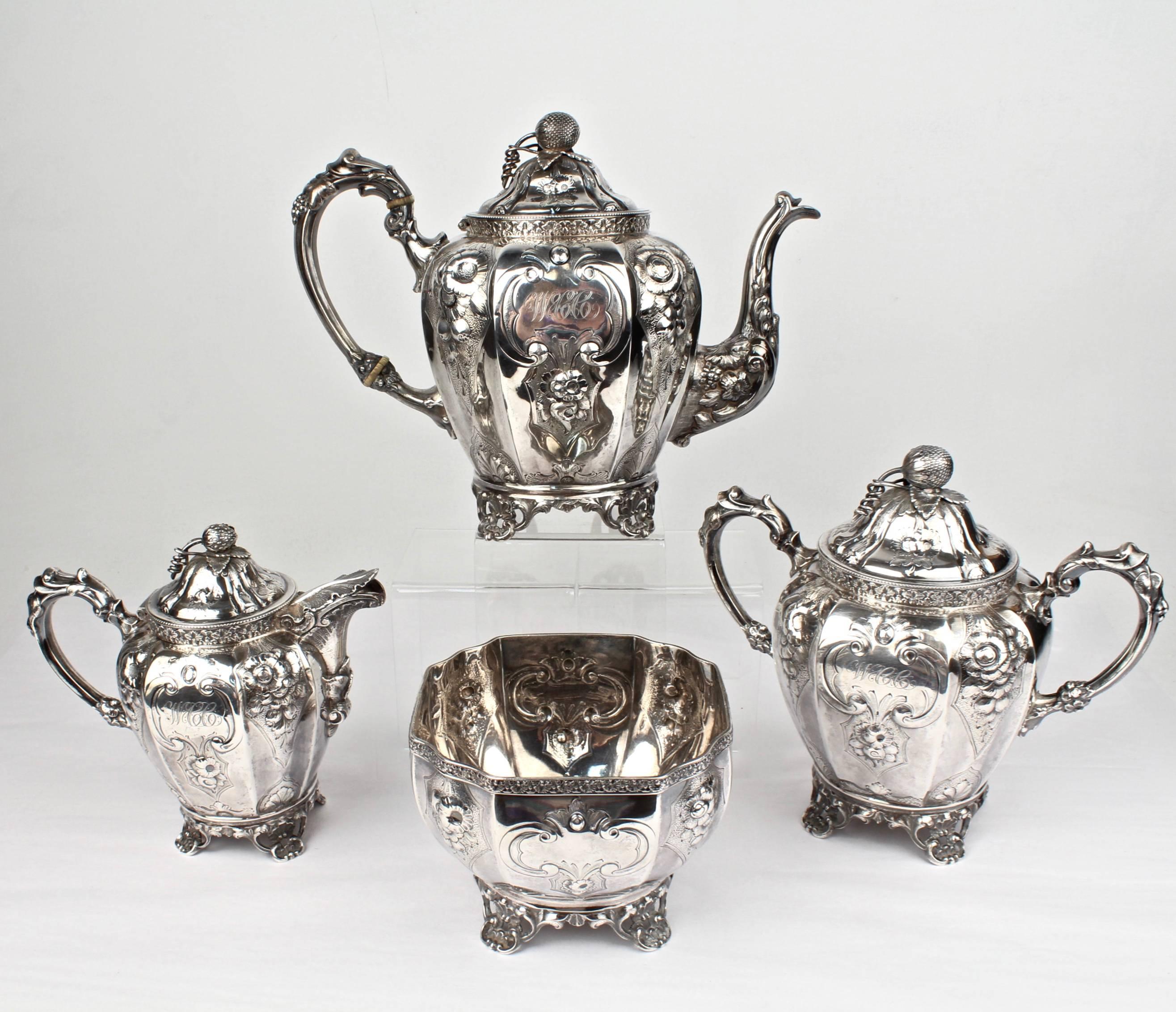 19th Century Four-Piece Wood and Hughes Repousse New York Coin Silver Tea Set For Sale 1