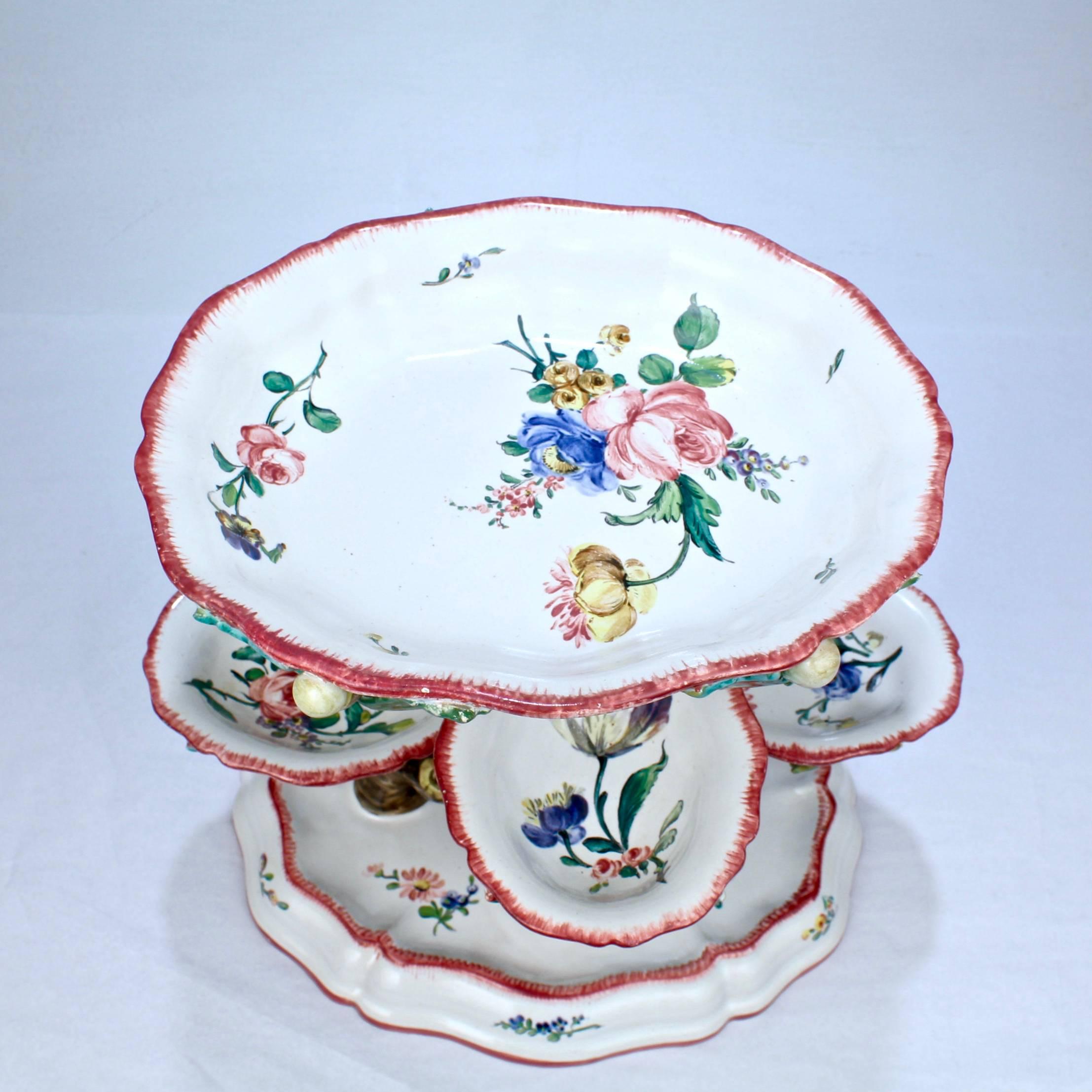 Glazed Antique French Faience Sweetmeat Stand Marked for Veuve Perrin For Sale