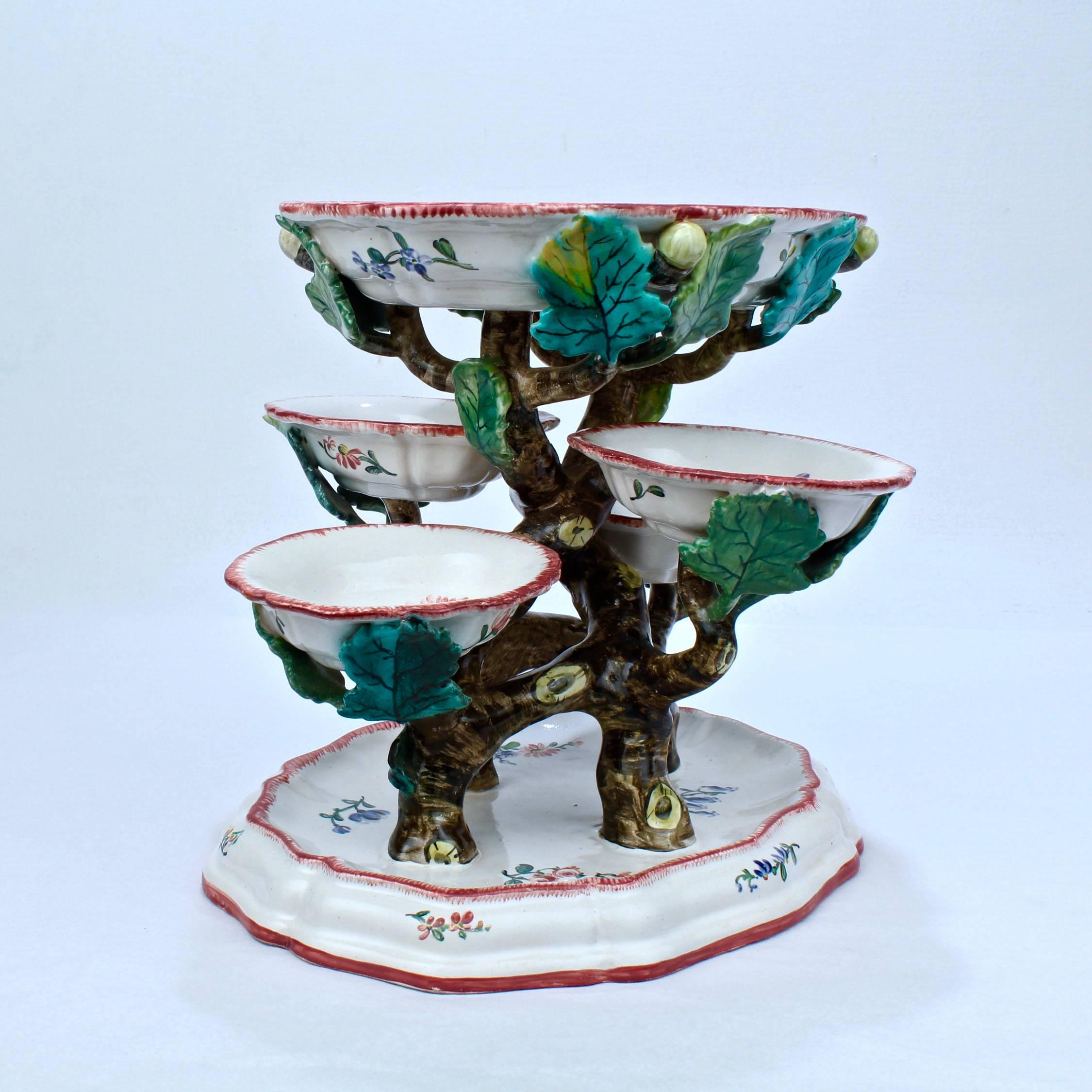 Rococo Antique French Faience Sweetmeat Stand Marked for Veuve Perrin For Sale