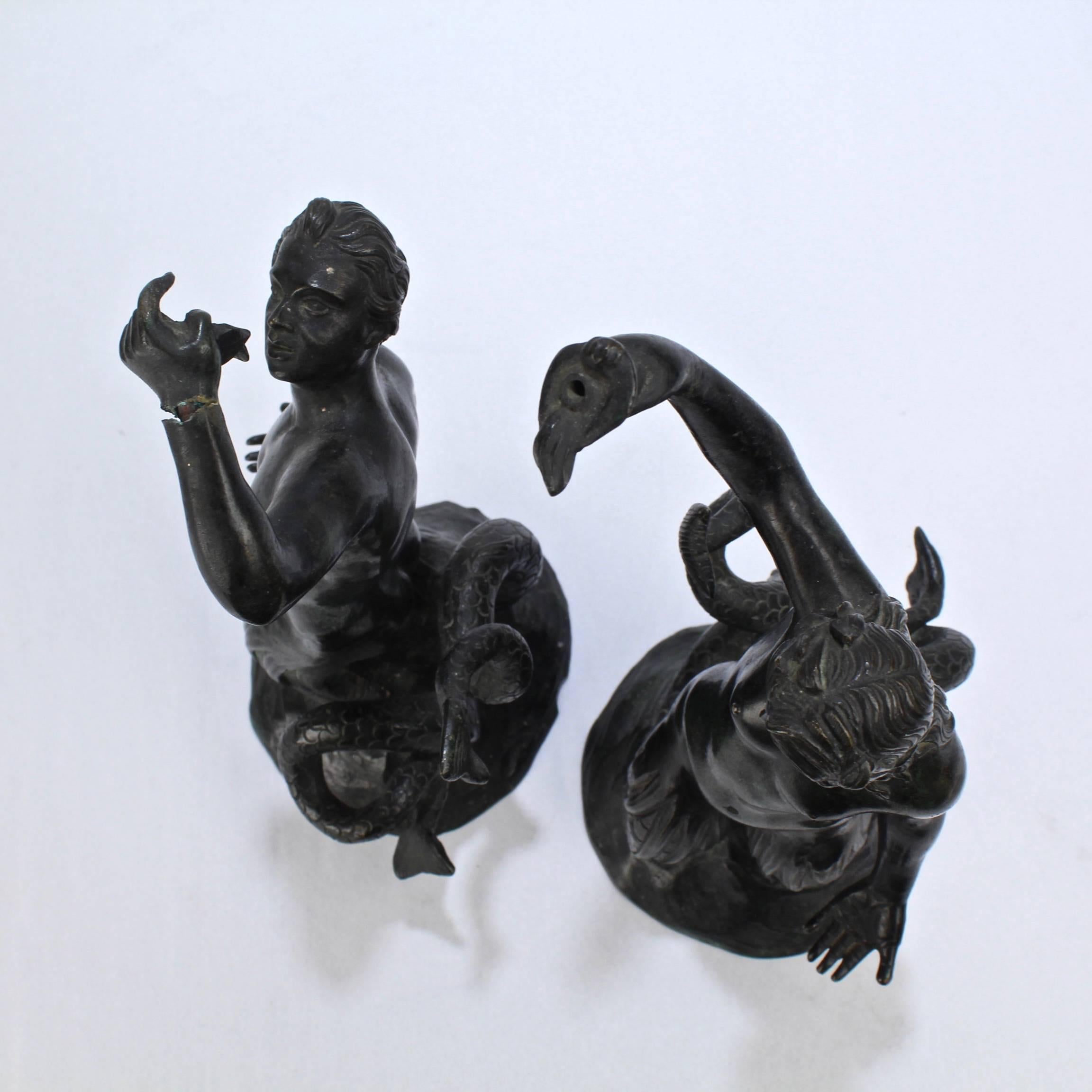 Pair of Grand Tour Bronze Mermaid & Merman Miniature Fountain Sculptures 2
