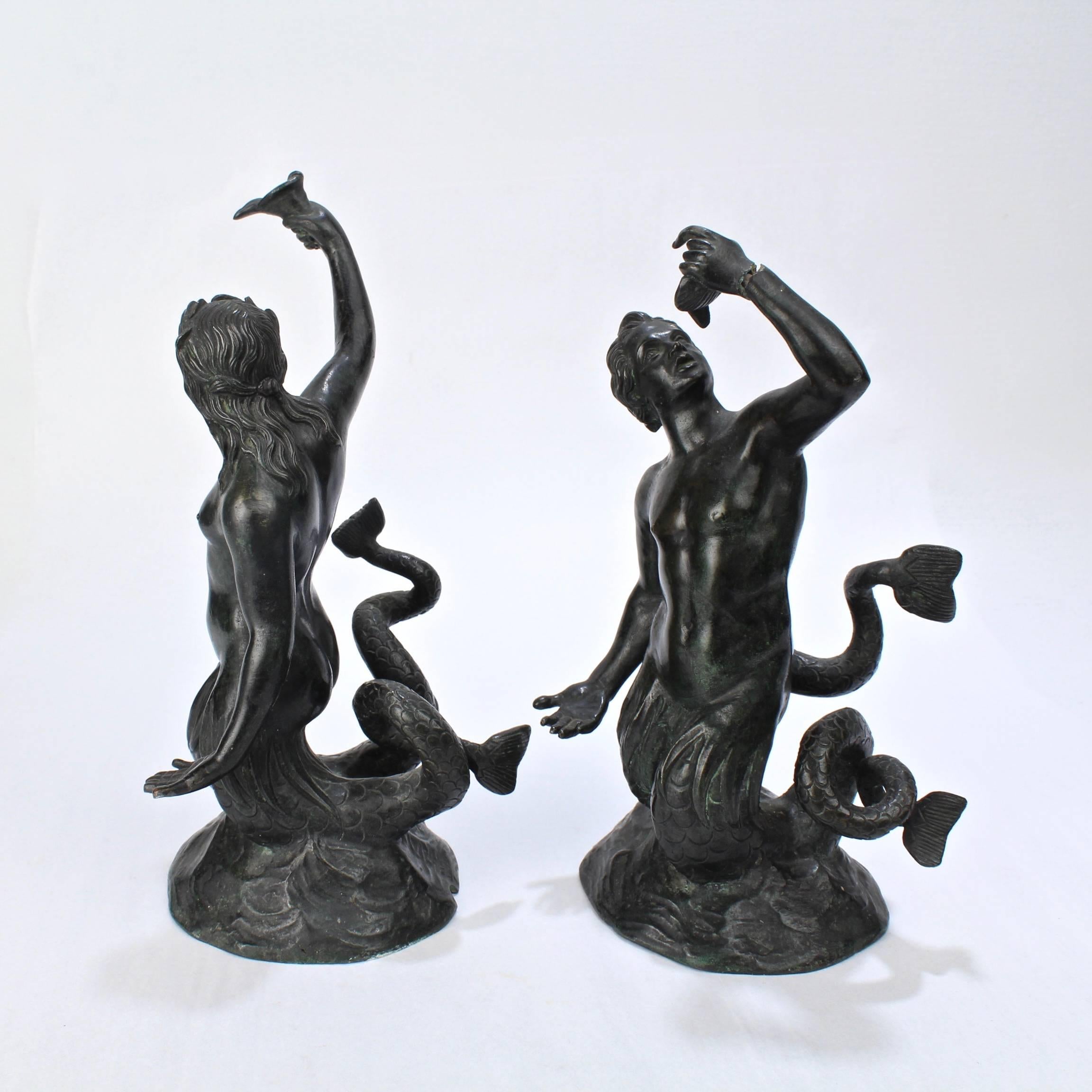 French Pair of Grand Tour Bronze Mermaid & Merman Miniature Fountain Sculptures