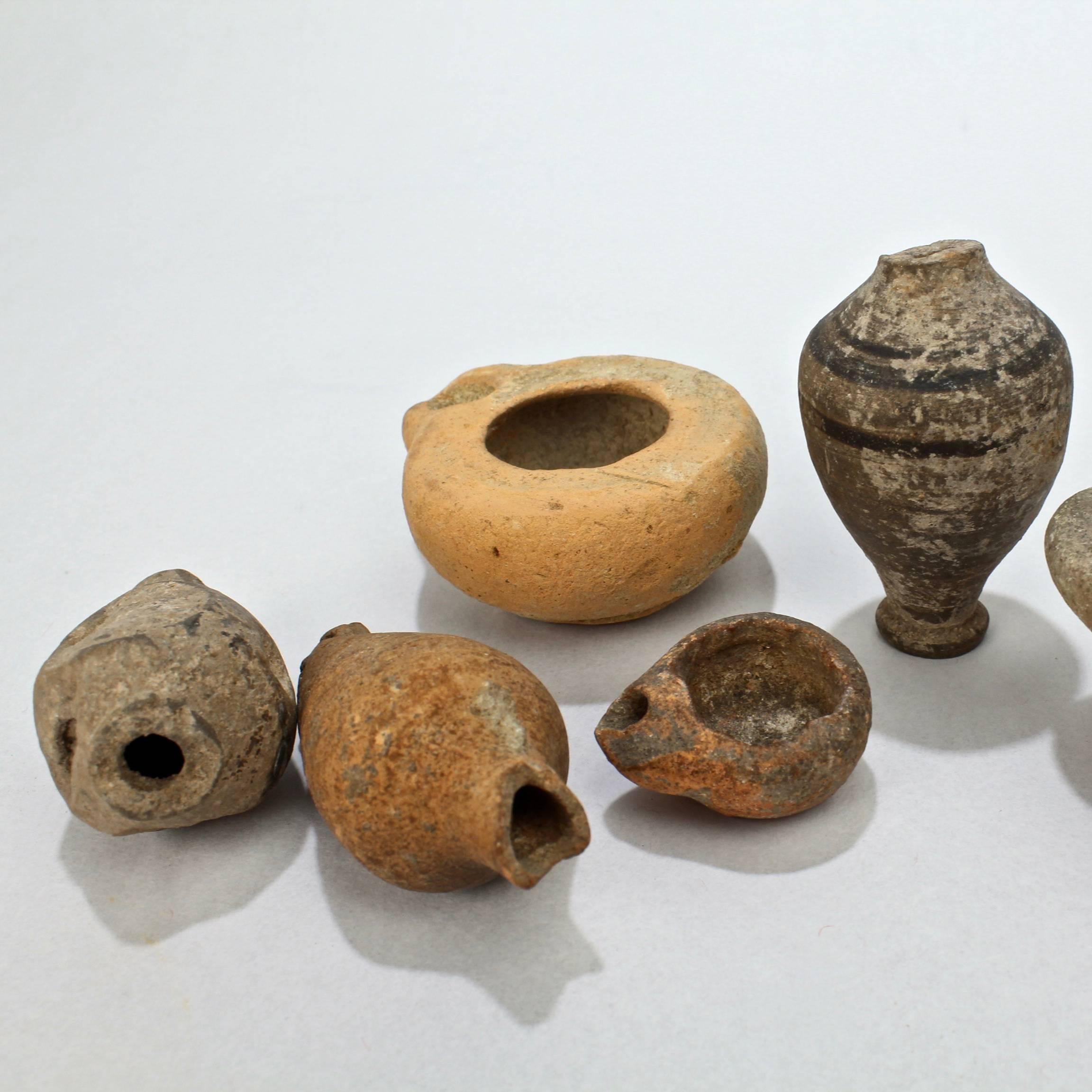 Group of Six Possibly Ancient Terracotta Oil Lamps, Small Vases and Vessels In Good Condition In Philadelphia, PA