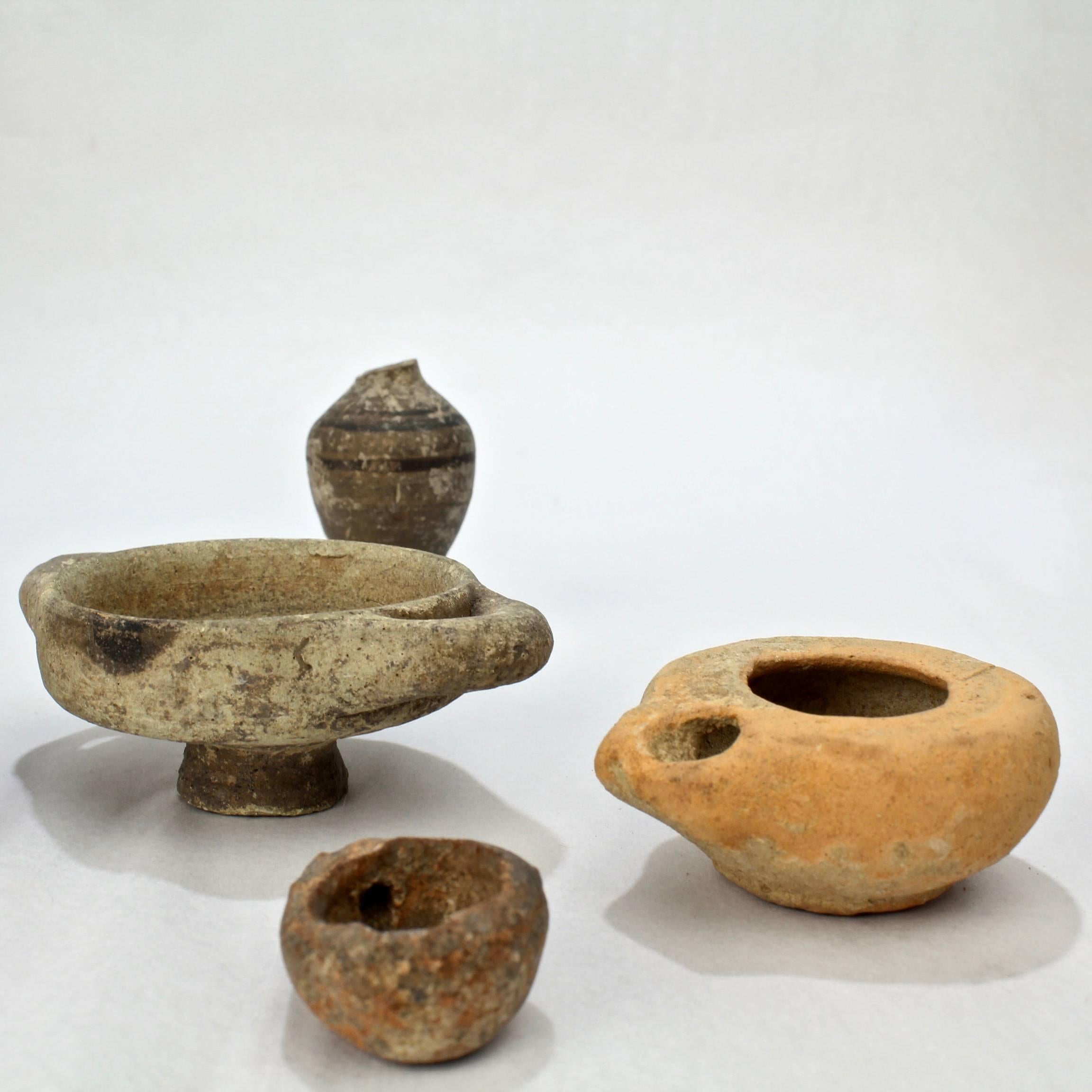 20th Century Group of Six Possibly Ancient Terracotta Oil Lamps, Small Vases and Vessels