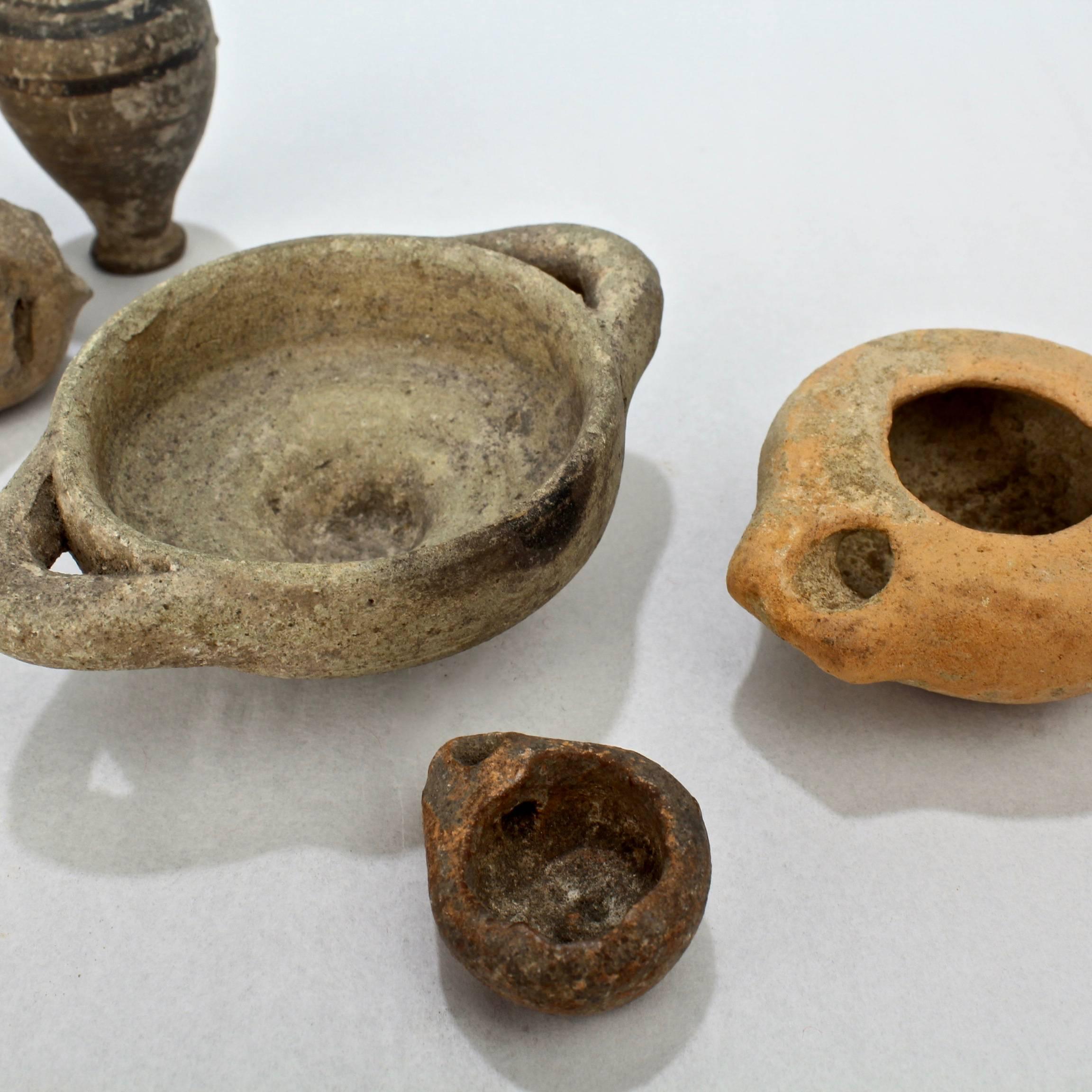 Group of Six Possibly Ancient Terracotta Oil Lamps, Small Vases and Vessels 1