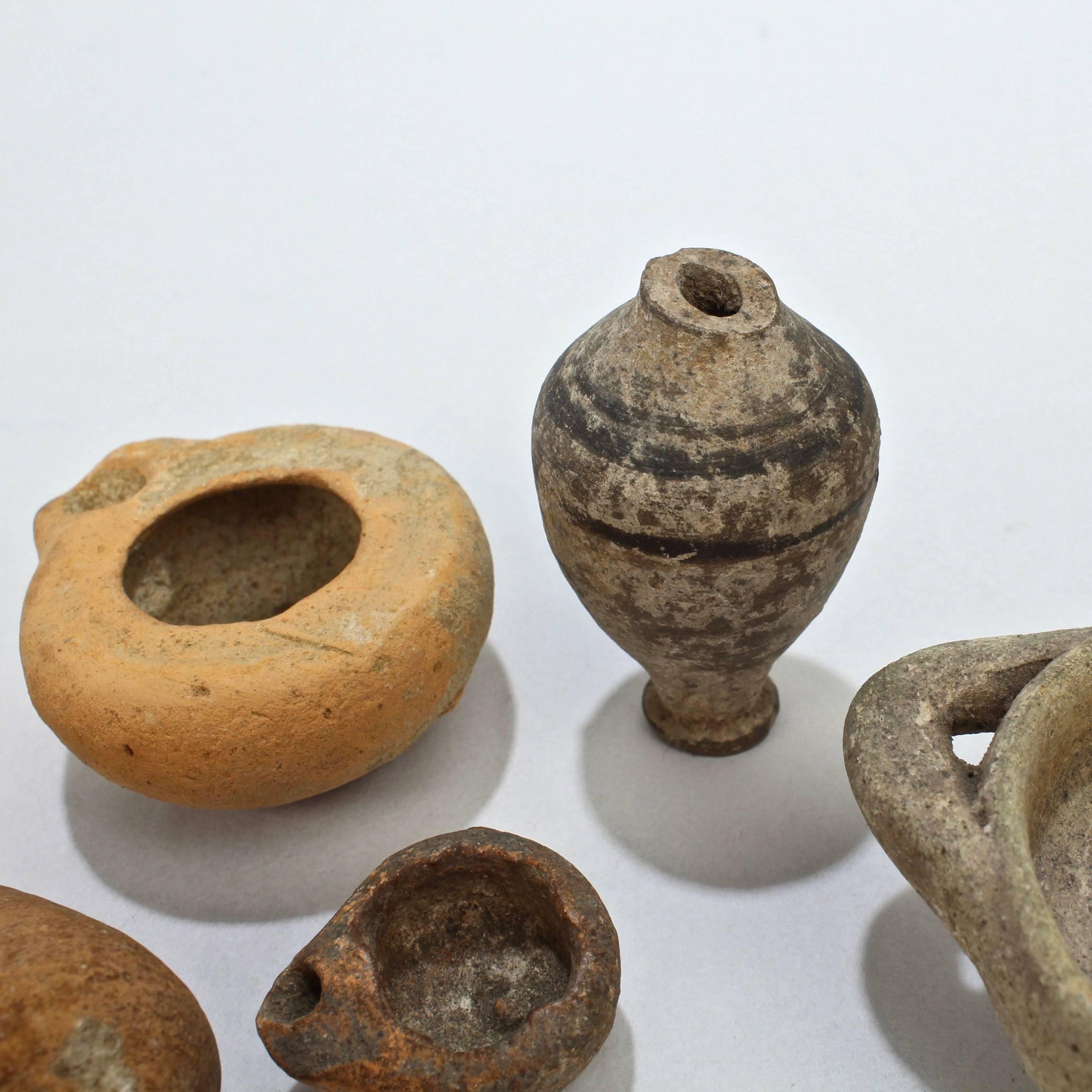 Group of Six Possibly Ancient Terracotta Oil Lamps, Small Vases and Vessels 2