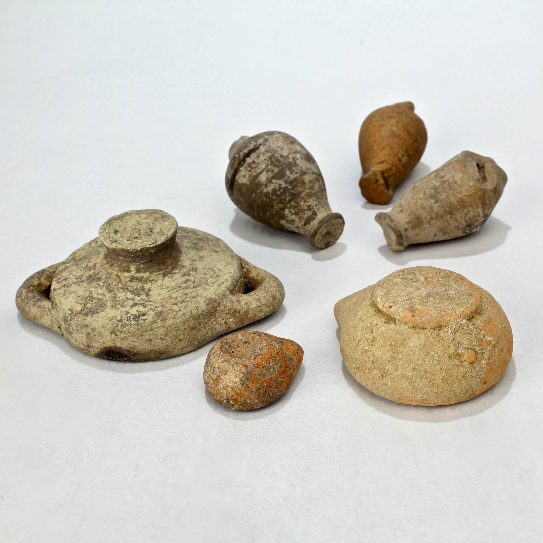 Group of Six Possibly Ancient Terracotta Oil Lamps, Small Vases and Vessels 3