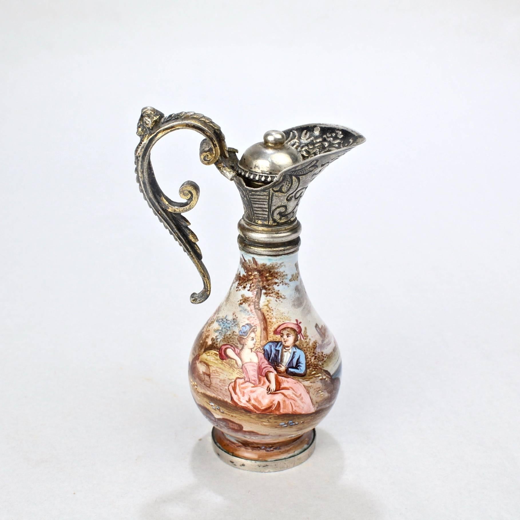 A fine antique Hermann Böhm silver and enamel scent bottle. A fantastic Kunstkammer or curiosity cabinet piece.

Depicting lovers on either side. With etched silver that were gilt at one point.

Both the base and side of the stopper are marked