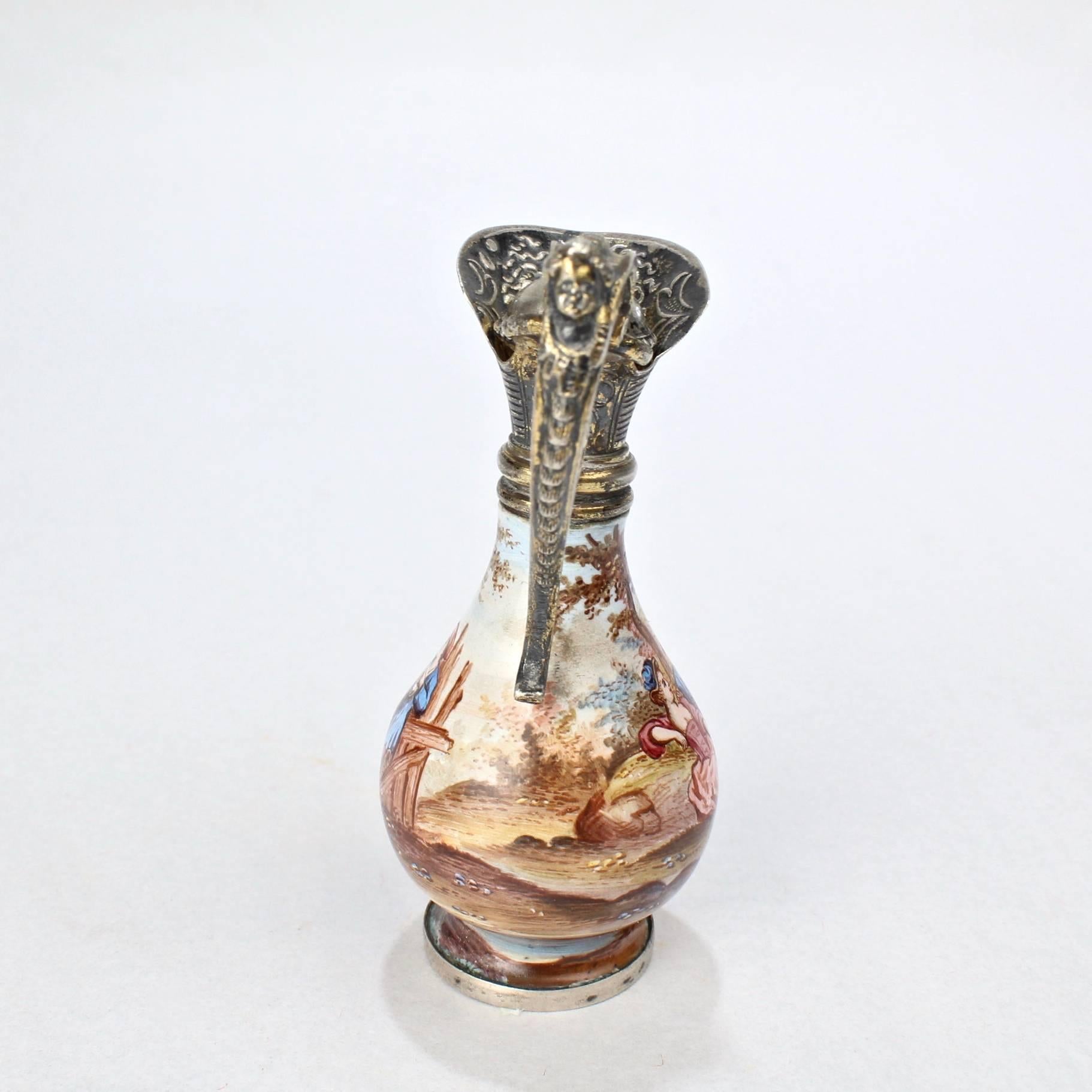Belle Époque Signed Hermann Boehm Viennese Enamel & Silver Miniature Ewer Form Perfume Bottle