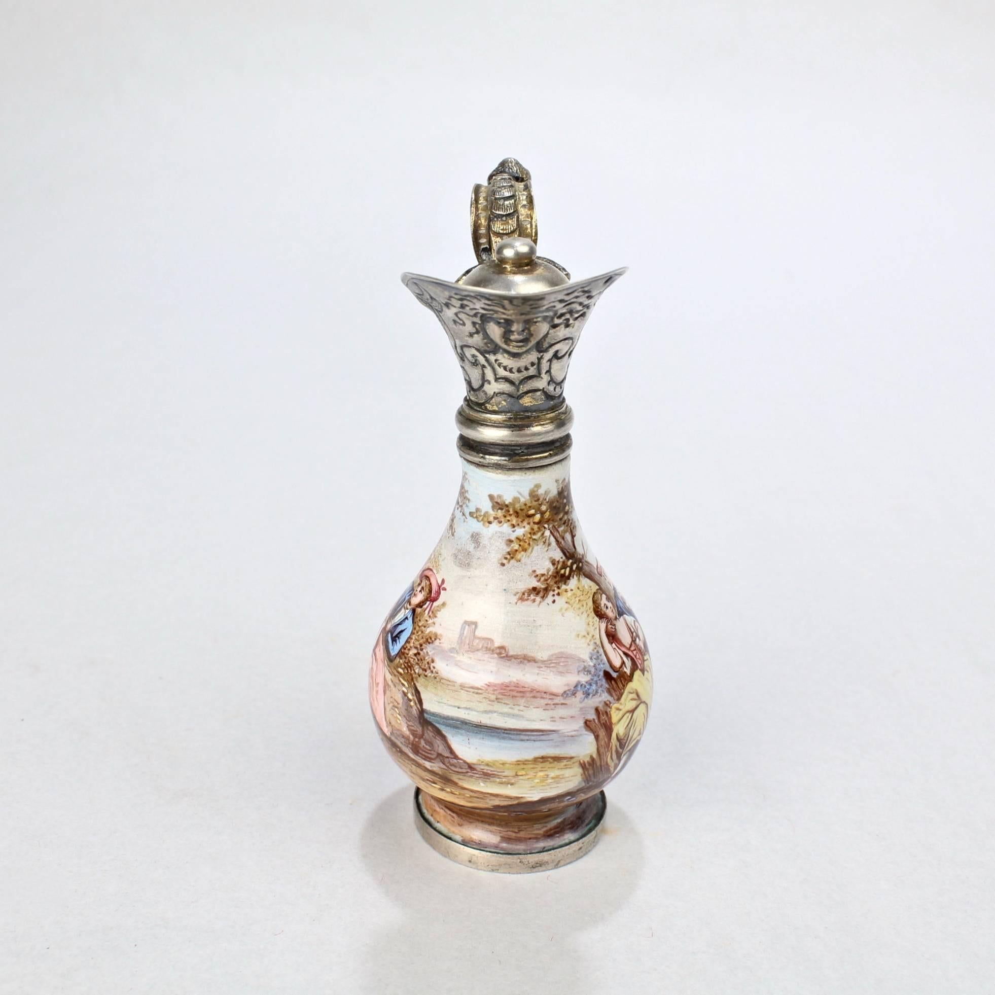 Austrian Signed Hermann Boehm Viennese Enamel & Silver Miniature Ewer Form Perfume Bottle