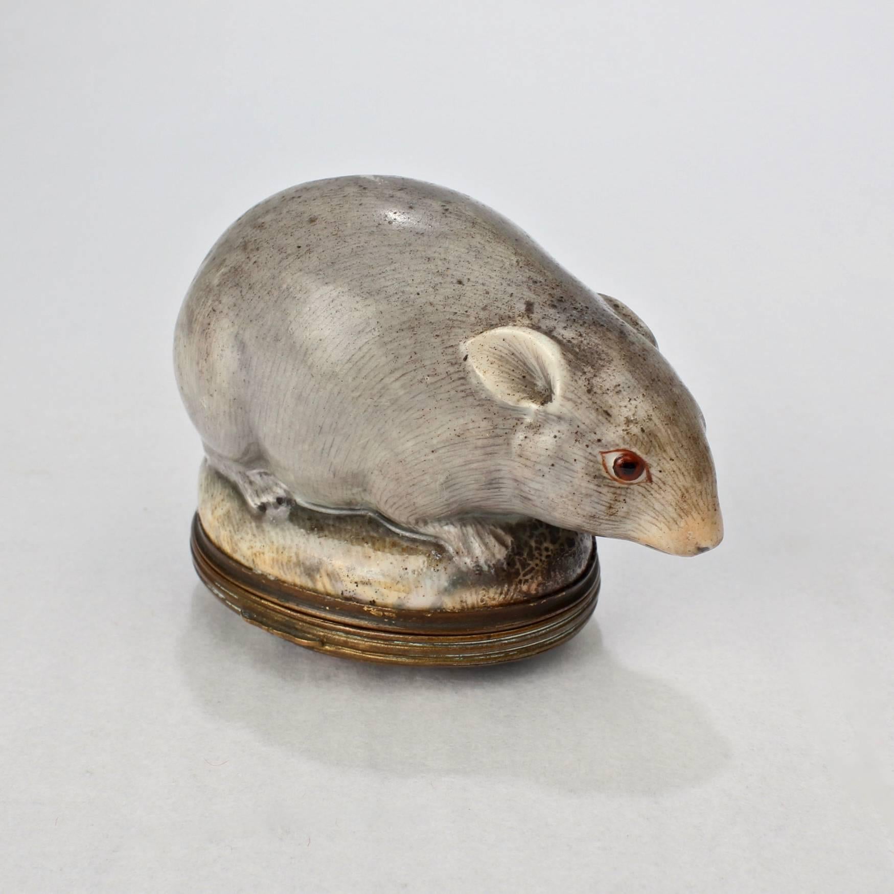 Painted Antique 18th Century Mennecy Figural Mouse Snuff or Patch Box For Sale