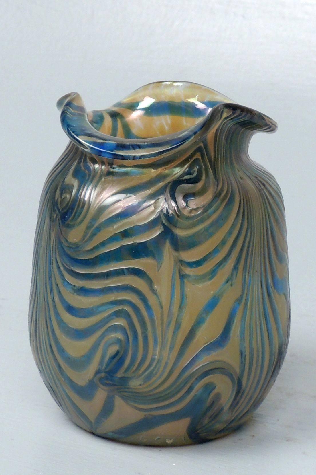 Czech Art Nouveau Kralik Glassworks Loetz Type Blue on Gold Art Glass Vase