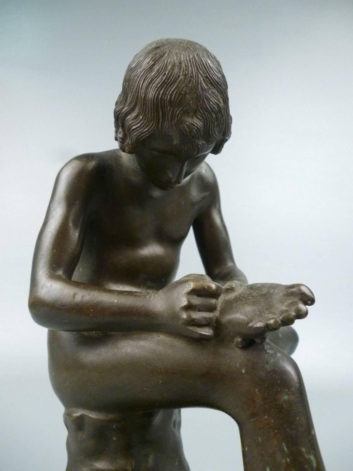 A grand tour bronze sculpture of Spinario.

Measures: Height: circa 8 1/4 in.

Items purchased from David Sterner Antiques must delight you. Purchases may be returned for any reason for a period of seven days.

            