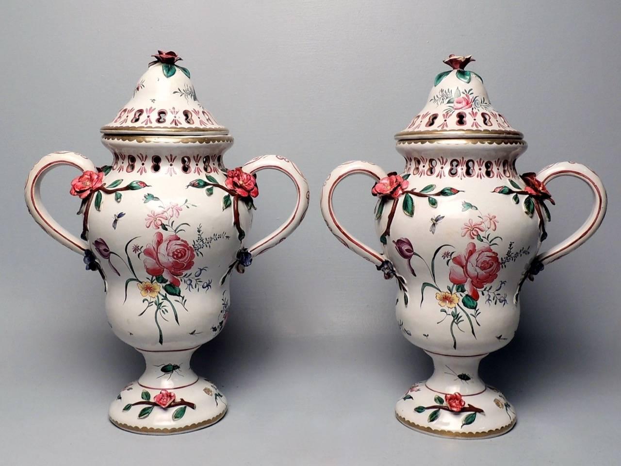 Pair of Large Veuve Perrin French Faience Majolica Lidded Urns or Vases In Good Condition In Philadelphia, PA