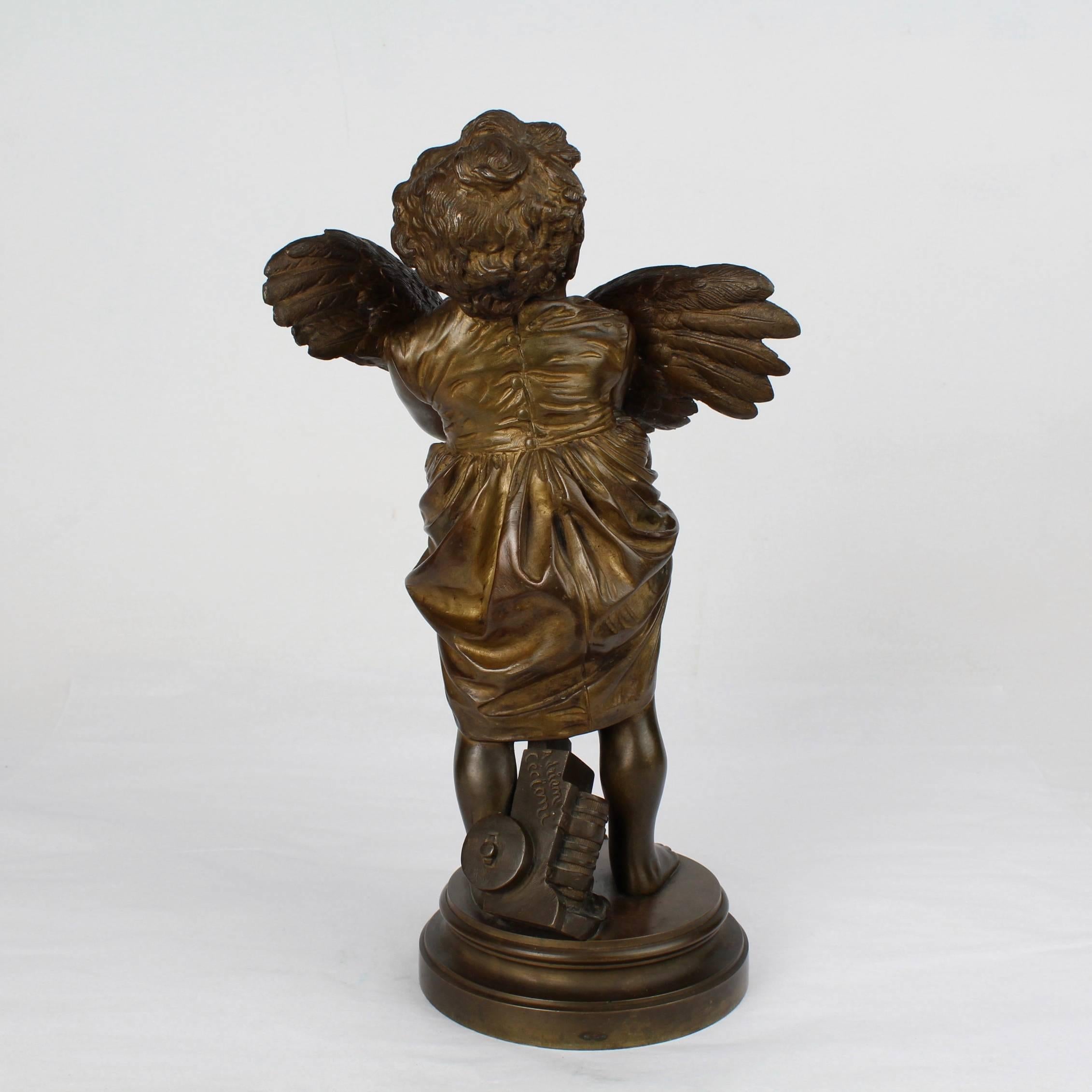 Français Enfant au Coq, une sculpture en bronze d'un enfant et d'un coq d'après Cecioni Adriano en vente