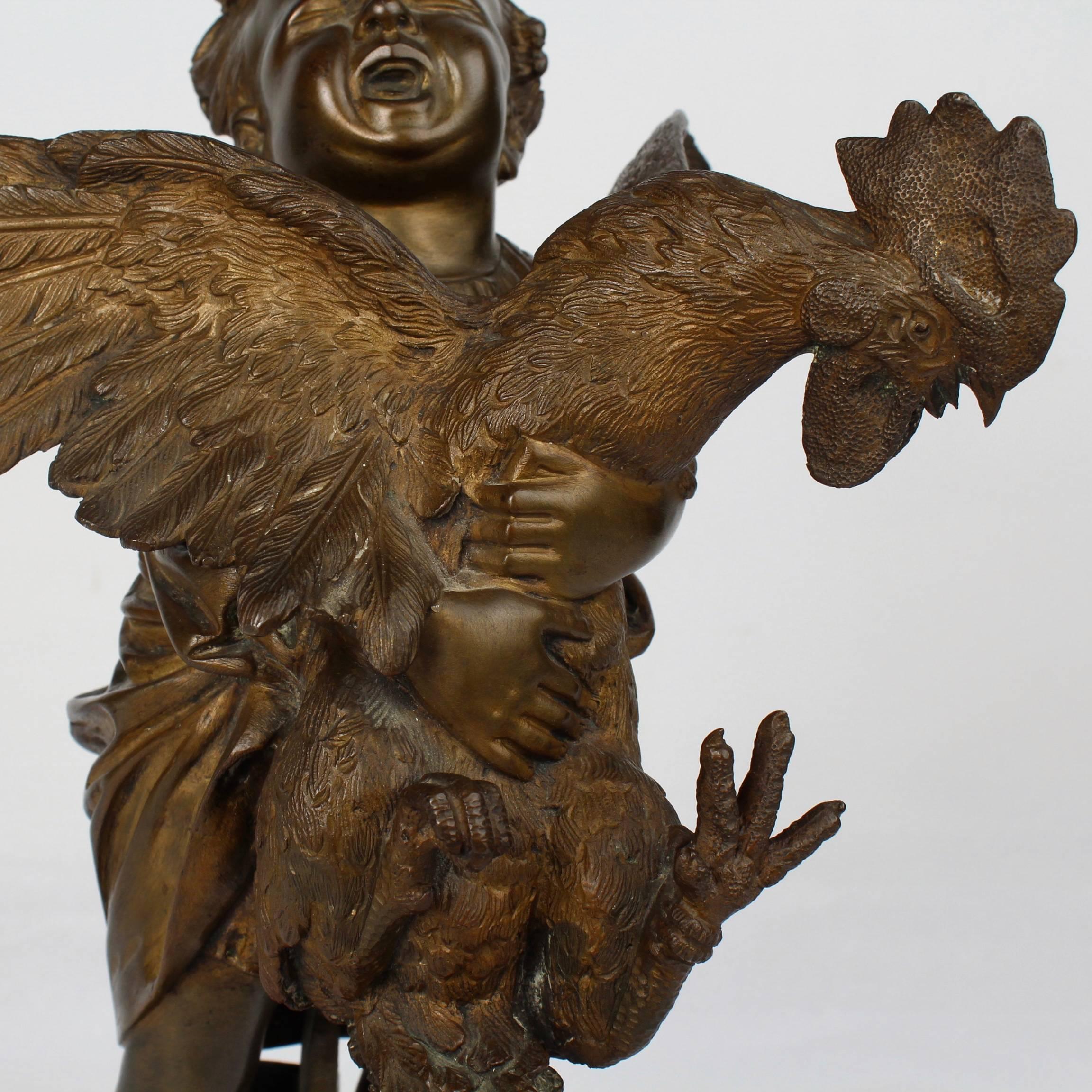 Bronze Enfant au Coq, une sculpture en bronze d'un enfant et d'un coq d'après Cecioni Adriano en vente